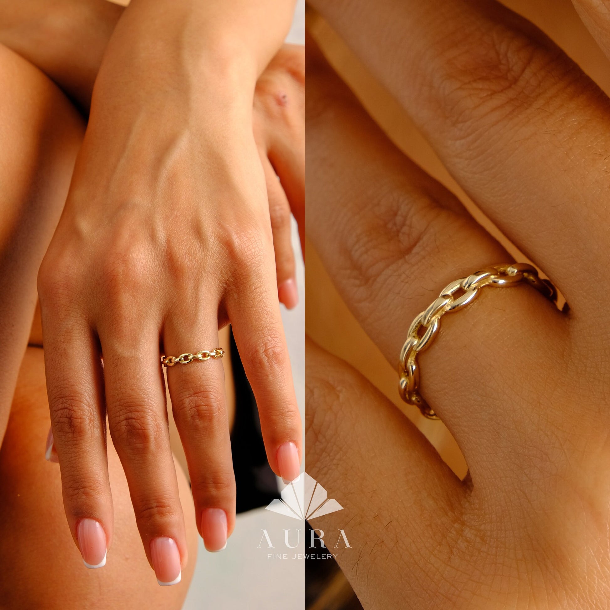 14K Gold Chain Ring, Dainty Gold Band, Paperclip Chain Ring, Curb Chain Link Ring, Wedding Band, Simple Stacking Ring, Pointer Finger Ring