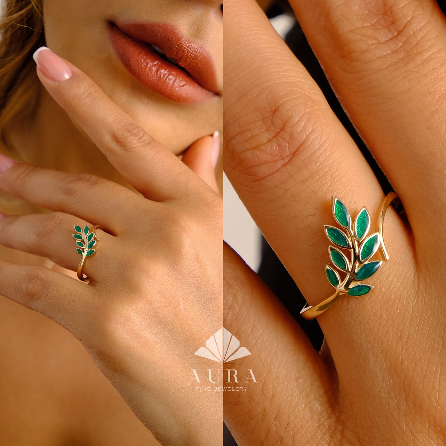 14K Gold Leaf Ring, Olive Leaf Ring, Marquise Green Vine Ring, Botanical Ring, Eternity Wedding Band, Unique Floral Engagement Curve Ring