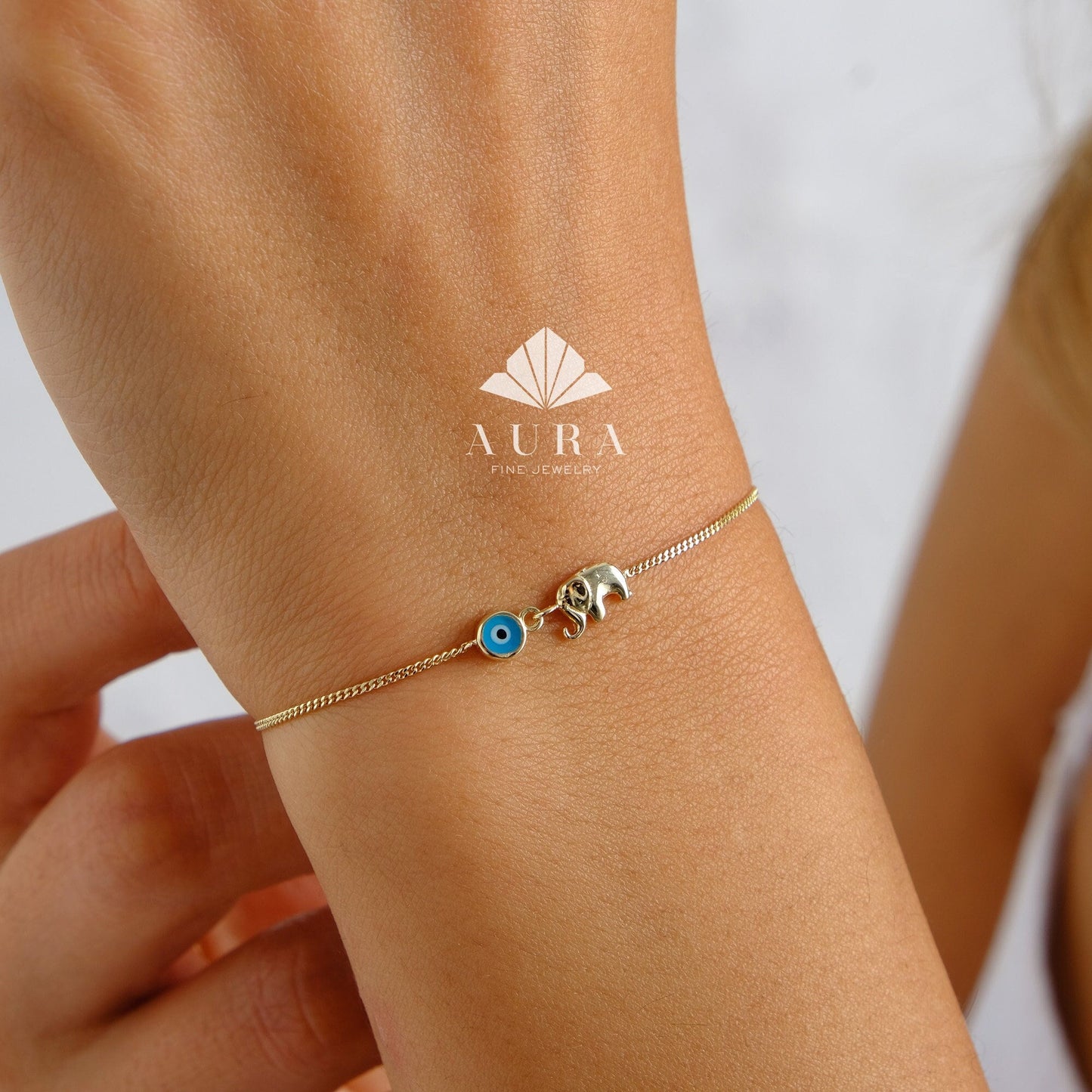 14K Gold Elephant Bracelet, Evil Eye Charm Bracelet, Third Eye Stacking Bracelet, Good Luck Blue Eye Nazar, Minimalist Animal Jewelry