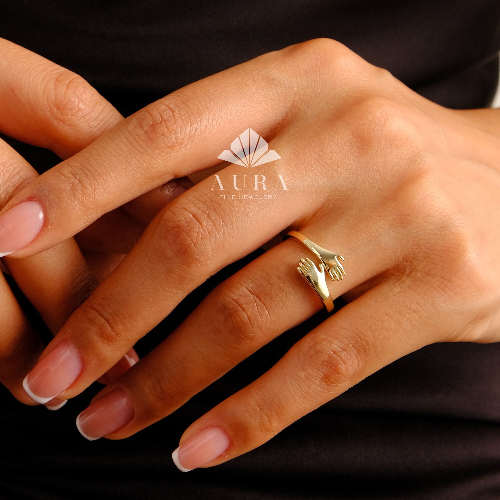 14K Gold Hug Ring, Hugging Hands Ring