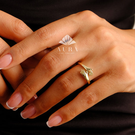 14K Gold Hug Ring, Hugging Hands Ring, Hug Gold Ring, Unique Love Dainty Hand Ring, Two Hand Gold Ring, Simple Handmade Ring, Gift For Her
