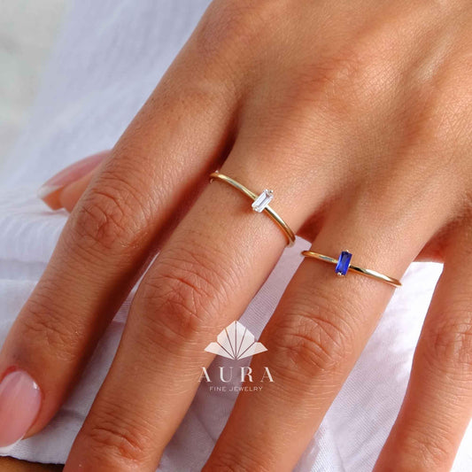 14K Gold Baguette Birthstone Ring, Personalized Solitaire Ring Custom Gemstone Ring, Stacking Ring, Minimalist Birthstone Ring