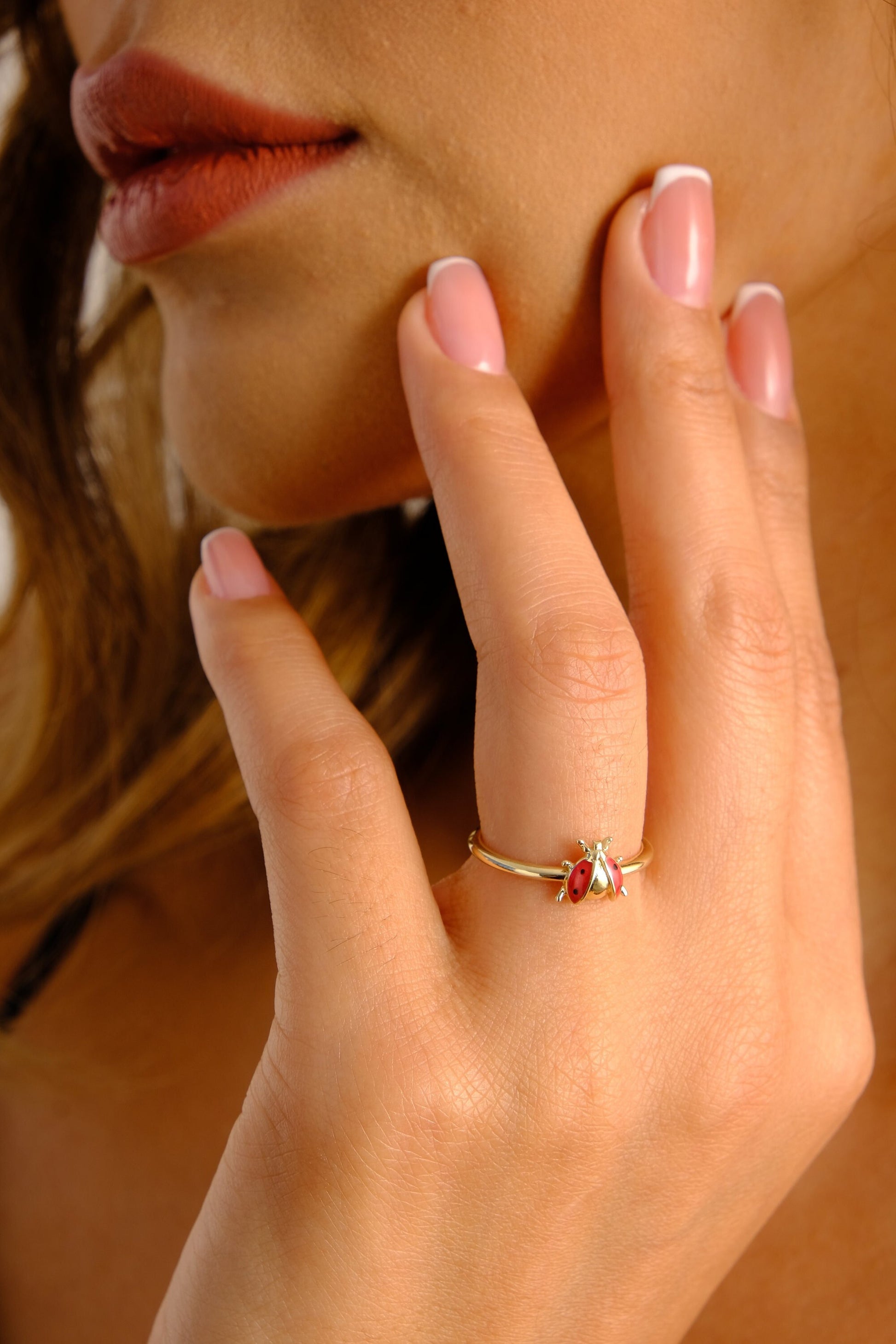 14K Gold Ladybug Ring, Ladybird Band Ring, Simple Thick Gold Band, Animal Lover Jewelry, Dainty Stacking Chance Ring, Graduation Gift