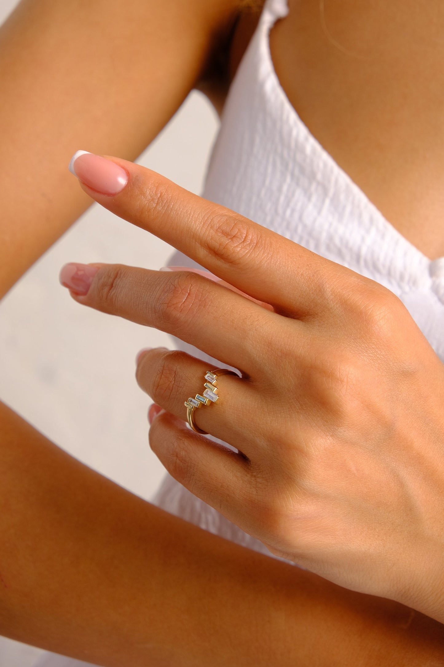14K Gold Chevron Ring, Matching Wedding Band, Baguette Unique Stacking Diamond Ring, Dainty Minimalist Ring, Curved Wedding Band Ring