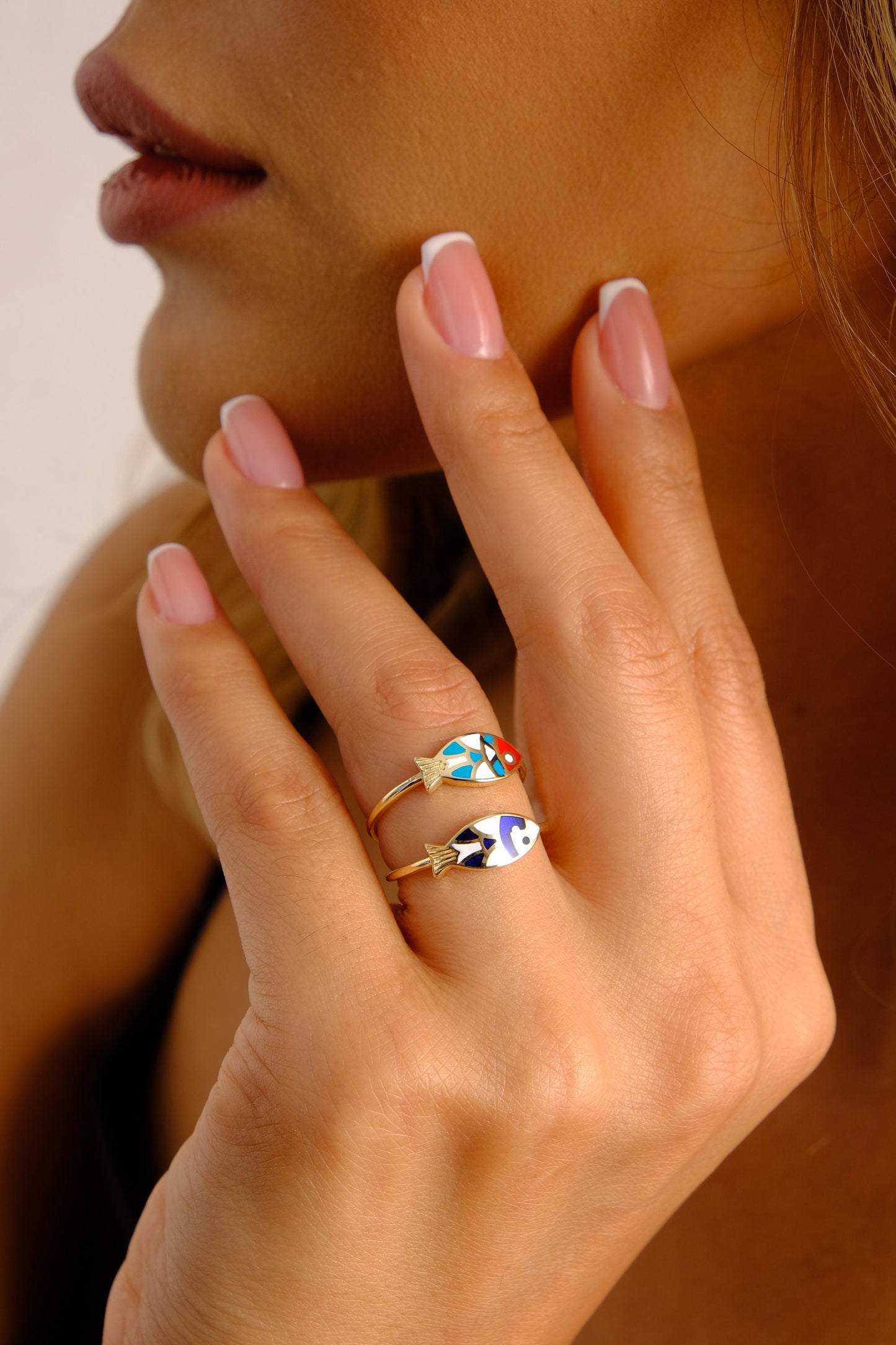 14K Gold Fish Ring, Ichthus Gold Statement Ring, Turquoise Dainty Gold Stacking Ring, Good Luck, Minimal Blue Horoscope Marine Jewelry