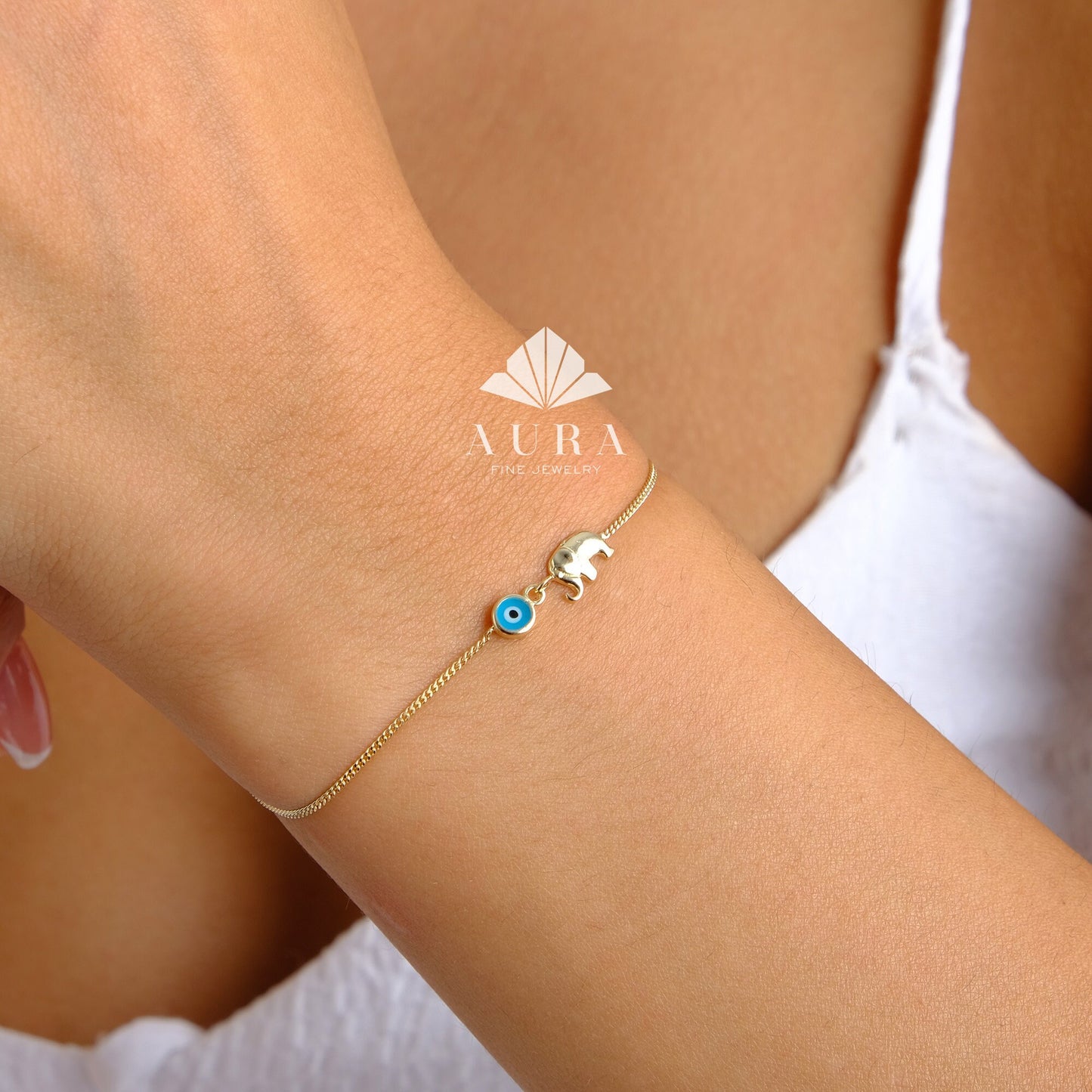 14K Gold Elephant Bracelet, Evil Eye Charm Bracelet, Third Eye Stacking Bracelet, Good Luck Blue Eye Nazar, Minimalist Animal Jewelry