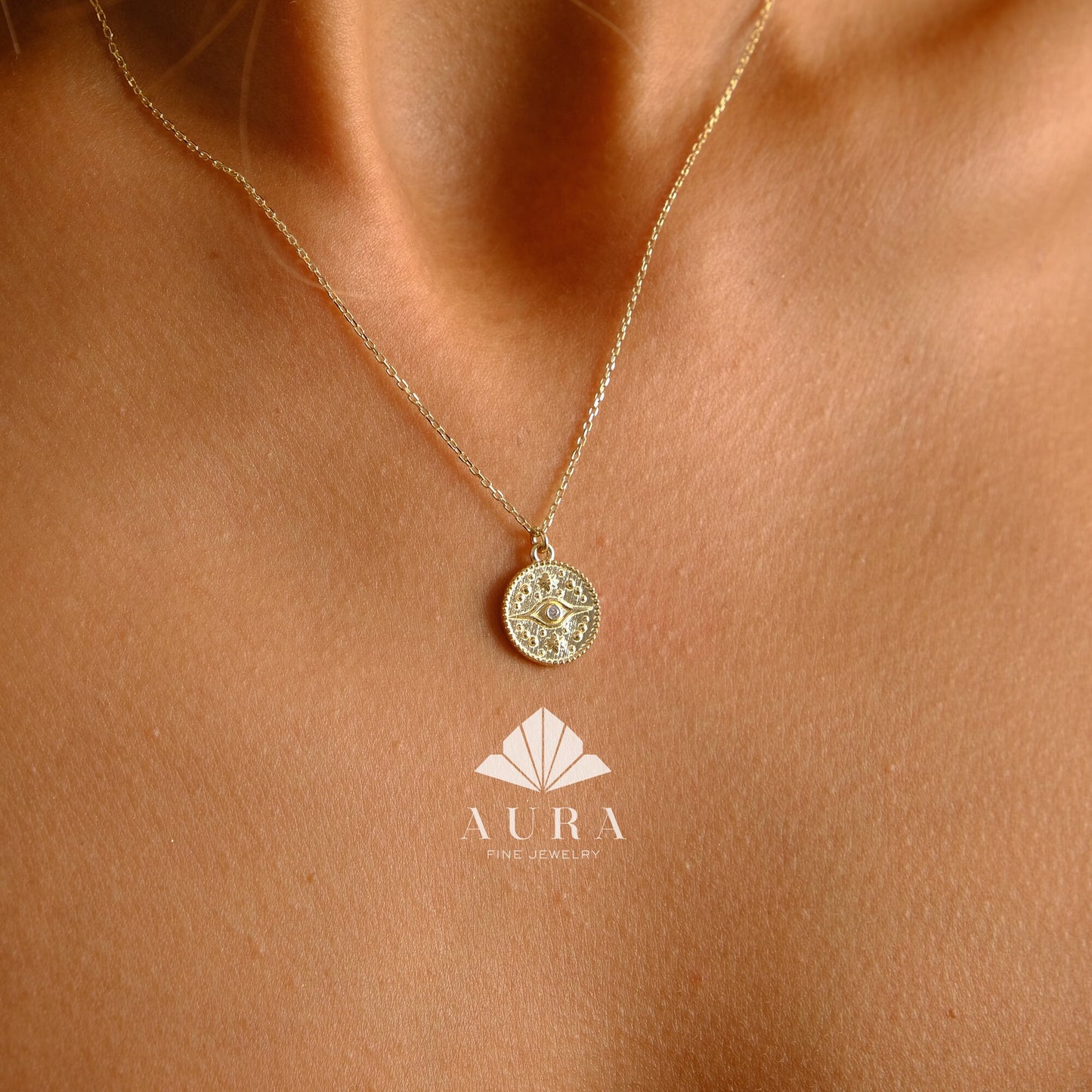 14K Gold Evil Eye Necklace, Medallion Third Eye Necklace, CZ Diamond Coin Pendant Necklace, Protection Charm, Minimalist Eye Necklace Women