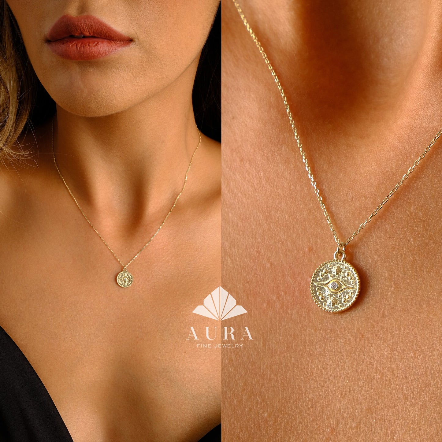 14K Gold Evil Eye Necklace, Medallion Third Eye Necklace, CZ Diamond Coin Pendant Necklace, Protection Charm, Minimalist Eye Necklace Women