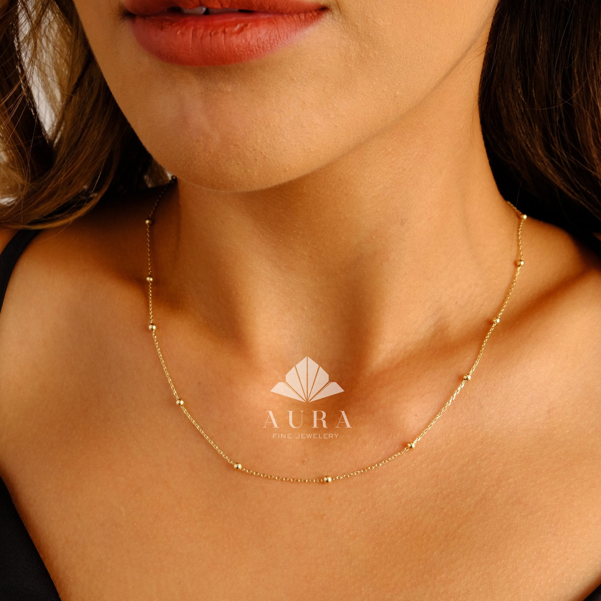 14K Gold Beaded Satellite Chain Necklace, Satellite Choker Necklace, Gold Layering Necklace, Minimalist Choker Necklace, Gift For Her