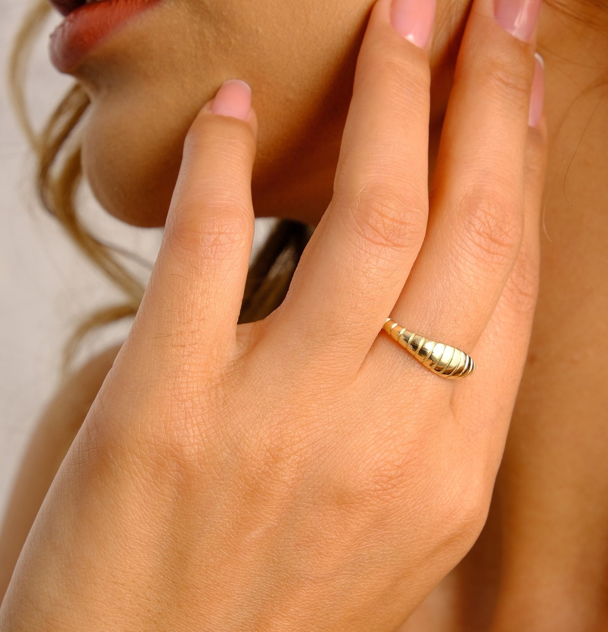 14K Gold Tiny Croissant Ring, Twisted Dome Ring Women, Croissant Ring, Thin Croissant Gold Dome Ring, Statement Ring, Pinky Ring