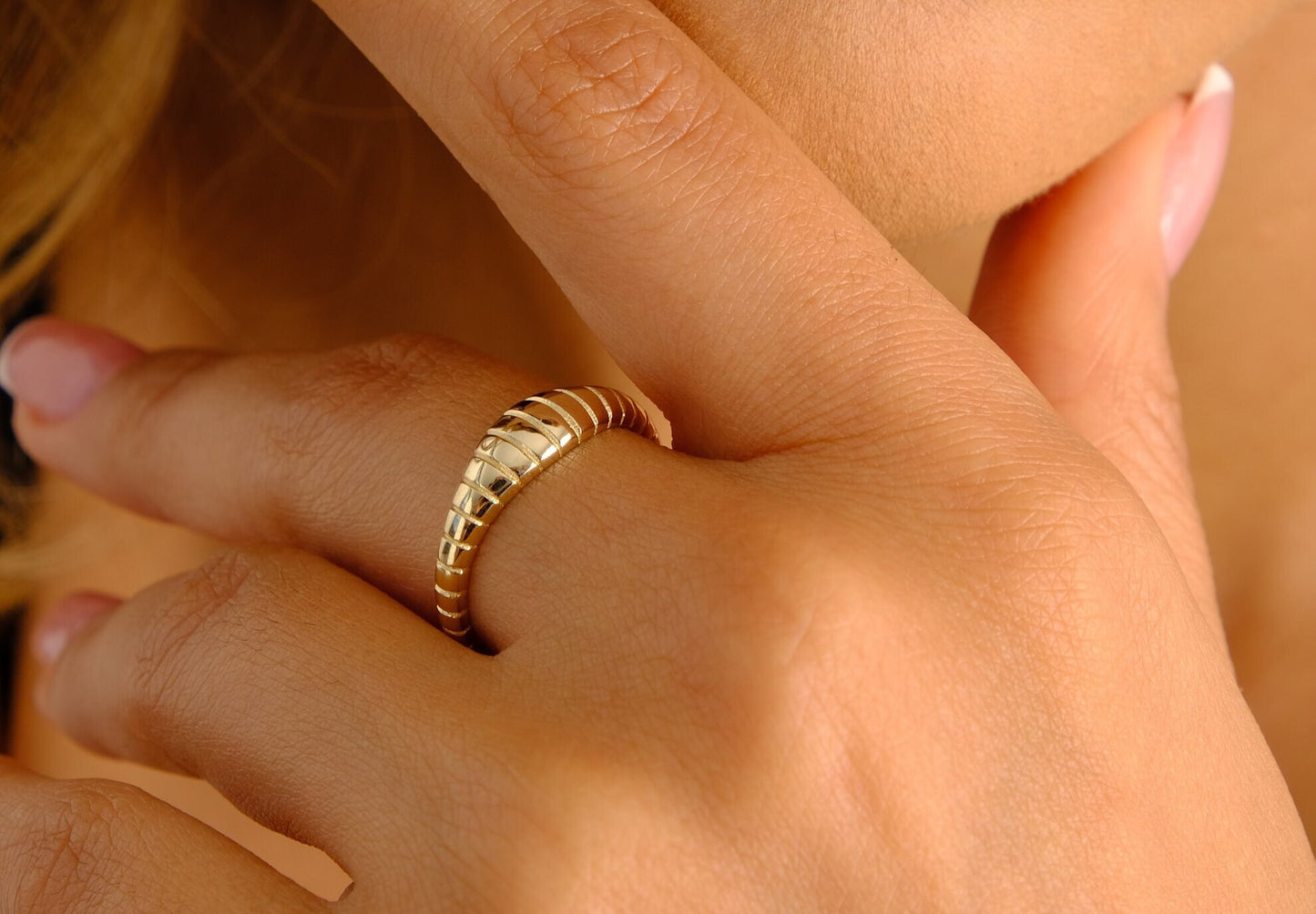 14K Gold Tiny Croissant Ring, Twisted Dome Ring Women, Croissant Ring, Thin Croissant Gold Dome Ring, Statement Ring, Pinky Ring