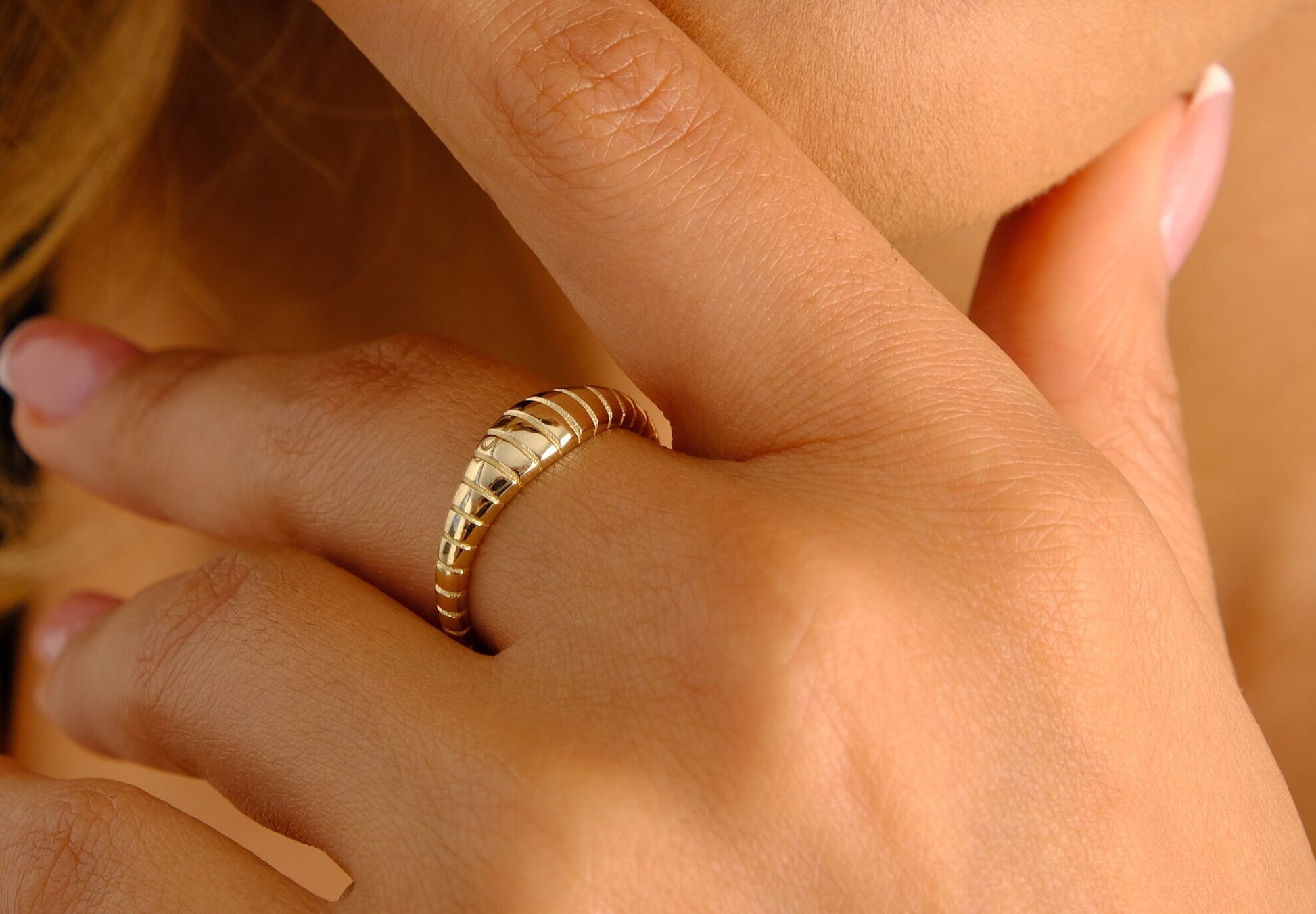 14K Gold Tiny Croissant Ring, Twisted Dome Ring Women, Croissant Ring, Thin Croissant Gold Dome Ring, Statement Ring, Pinky Ring