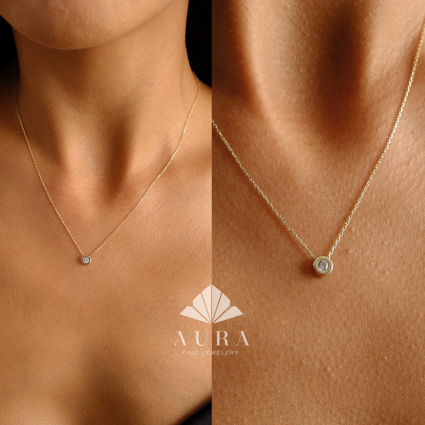 14K Gold Diamond Solitaire Necklace, Diamond Bezel Necklace, Dainty Diamond Pendant Choker, Bezel Simple Necklace, Mothers Day Gift