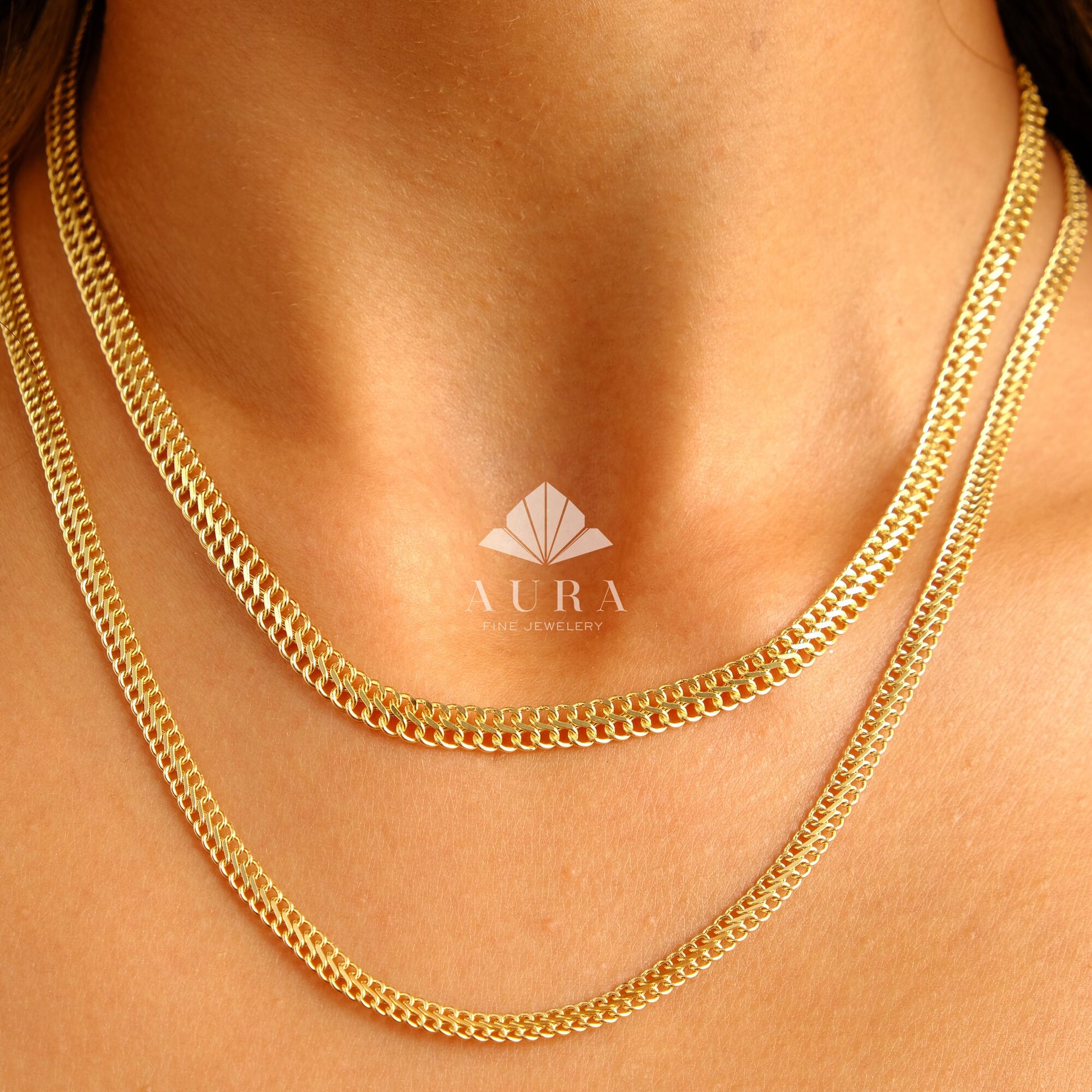 14K Gold Vienna Necklace, 4.8mm 3.7 mm Double Curb Chain Necklace, Armoured Chain Choker, Handmade Jewelry, Layering Gold Necklace