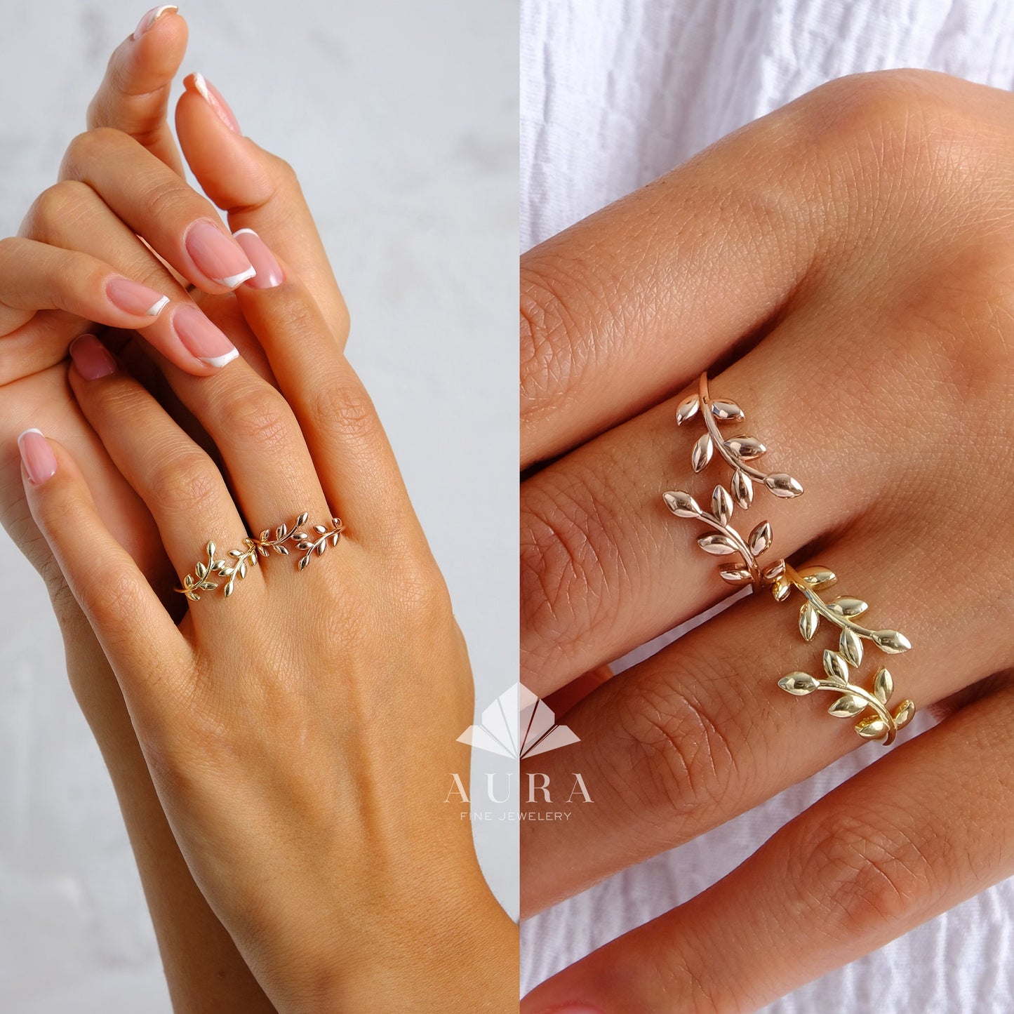 14K Gold Leaf Ring, Leaf Branch Ring, Laurel Wreath Wedding Band, Gold Vine Ring, Minimal Stackable Ring, Twig Ring