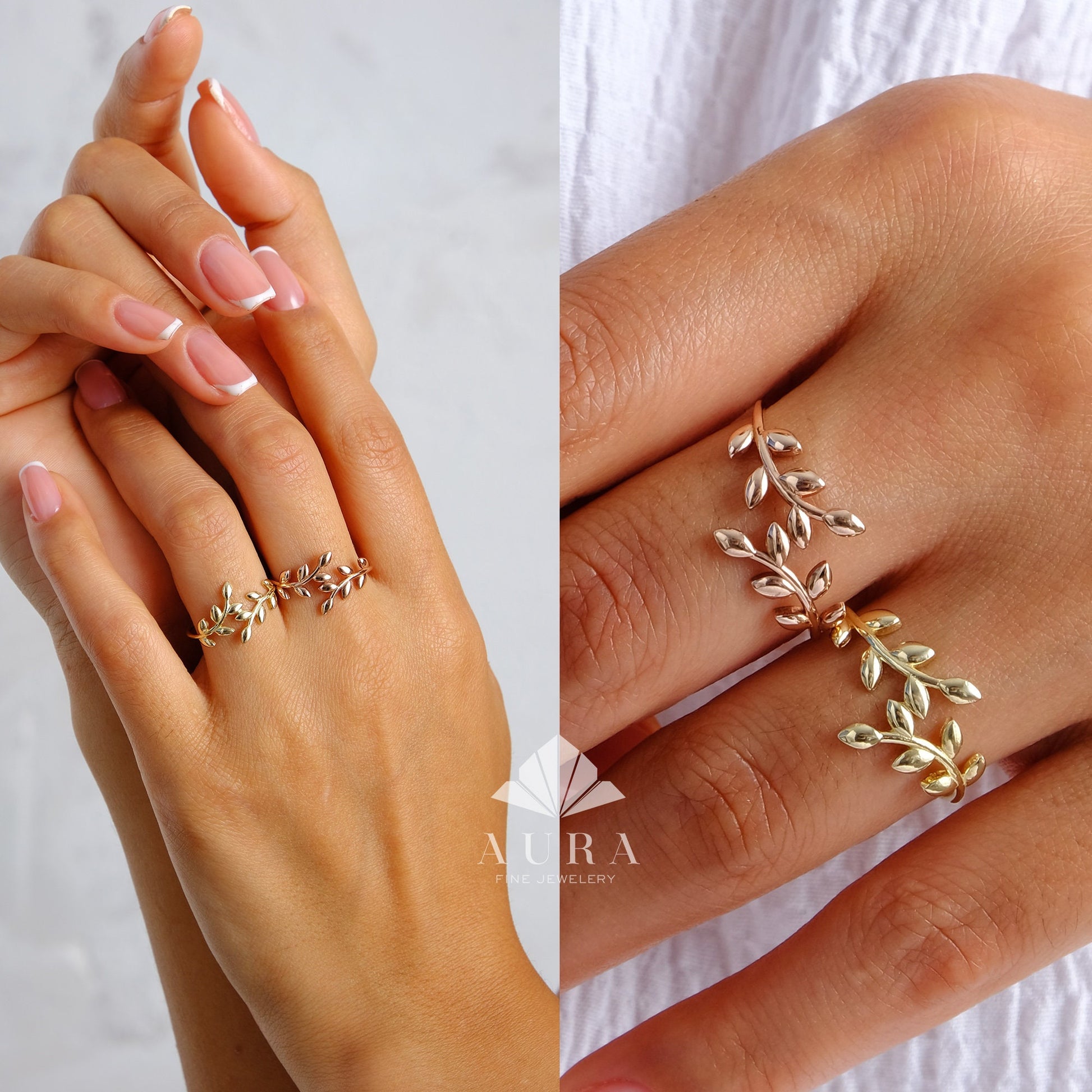 14K Gold Leaf Ring, Leaf Branch Ring, Laurel Wreath Wedding Band, Gold Vine Ring, Minimal Stackable Ring, Twig Ring