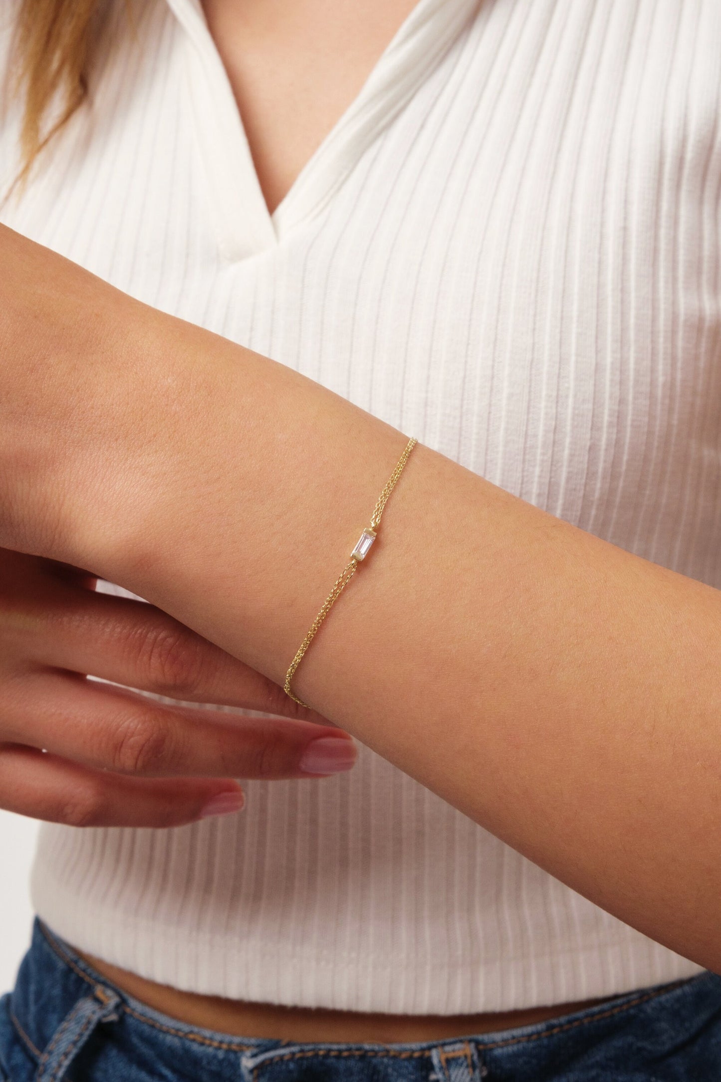 14K Gold Baguette Birthstone Bracelet, Custom Gemstone Bracelet, Personalized Daily Wear Bracelet, Dainty Gold Bracelet, Family Bracelet