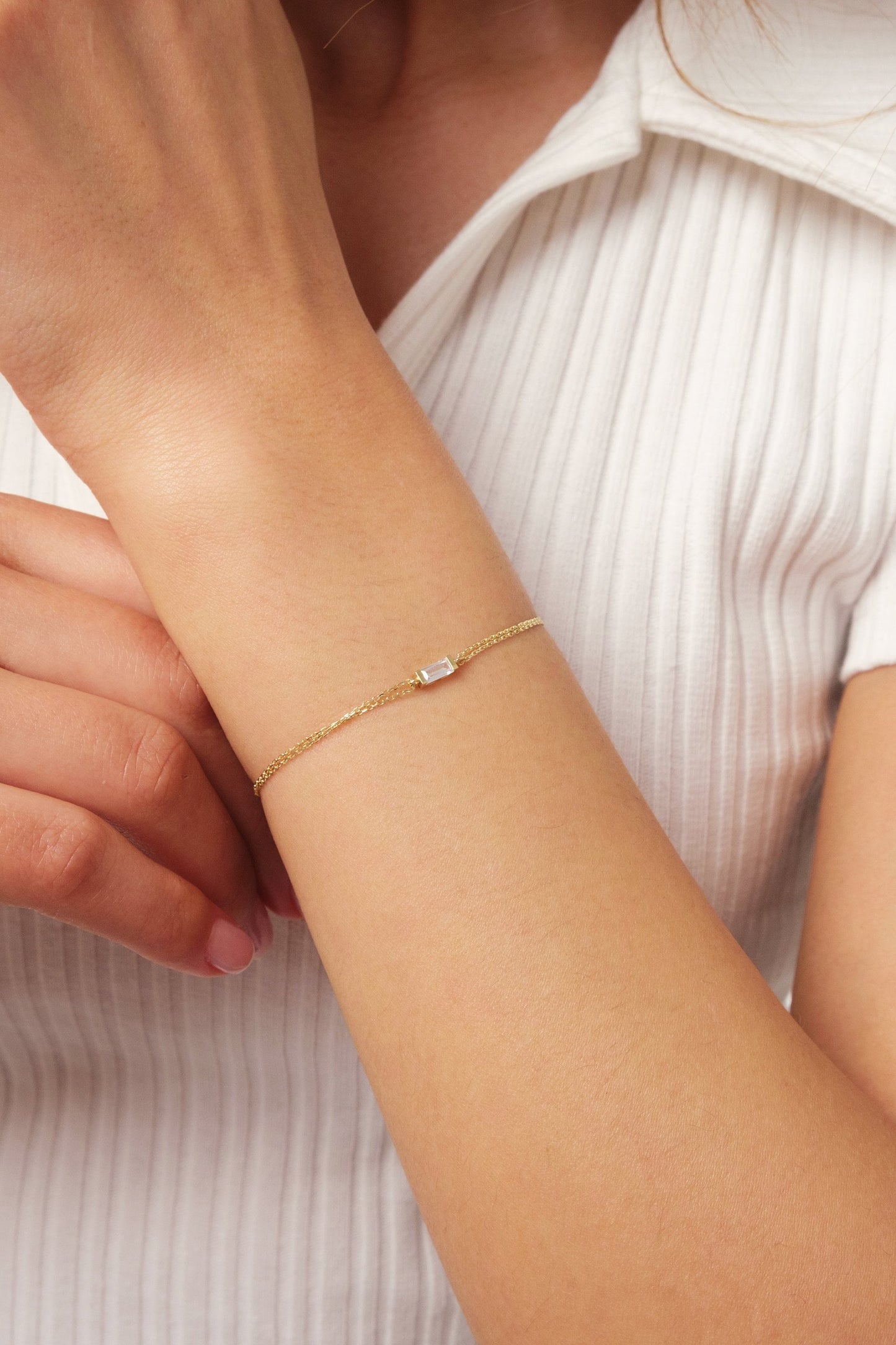 14K Gold Baguette Birthstone Bracelet, Custom Gemstone Bracelet, Personalized Daily Wear Bracelet, Dainty Gold Bracelet, Family Bracelet