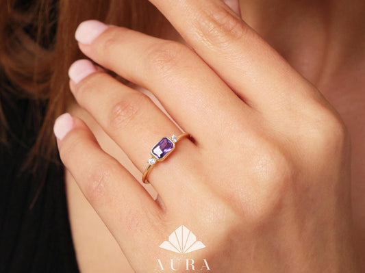 14K Gold Amethyst Ring, Rectangle Amethyst Diamond Engagement Ring, Custom Gemstone Ring, Purple Ring, February Birthstone Ring, Unique Ring
