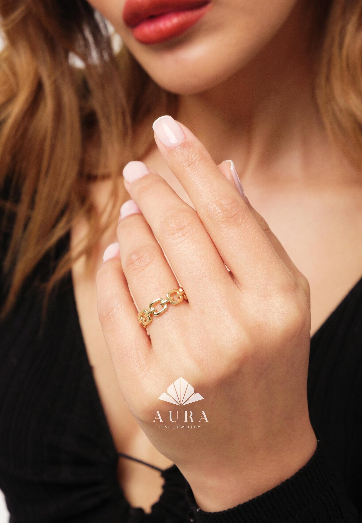 14K Gold Chain Ring, Rectangle Chain Band, 5mm Curb Link Ring, Gold Link Ring for Women, Stackable Ring, Wedding Chain Ring, Pointer Finger