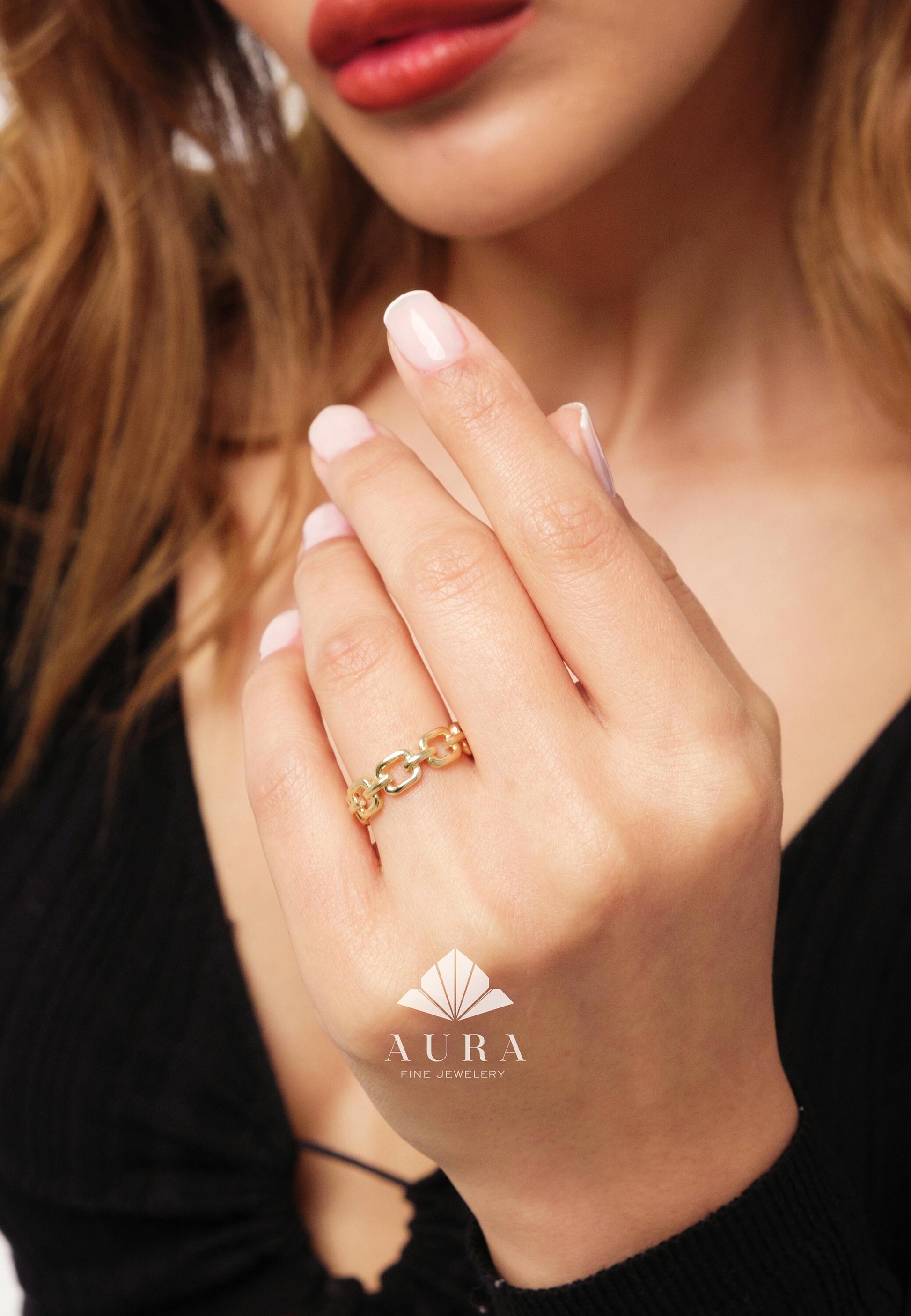 14K Gold Chain Ring, Rectangle Chain Band, 5mm Curb Link Ring, Gold Link Ring for Women, Stackable Ring, Wedding Chain Ring, Pointer Finger