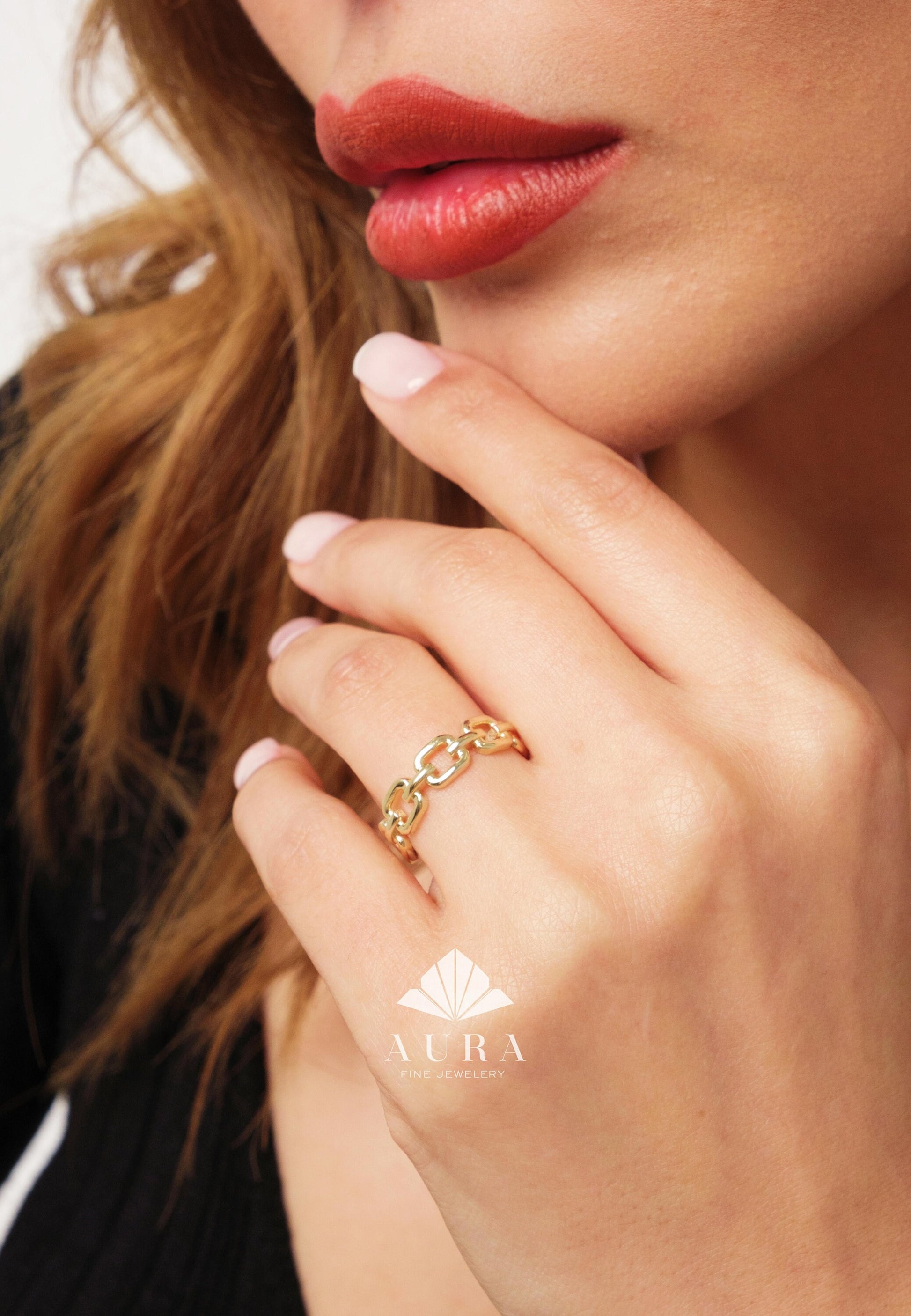 14K Gold Chain Ring, Rectangle Chain Band, 5mm Curb Link Ring, Gold Link Ring for Women, Stackable Ring, Wedding Chain Ring, Pointer Finger