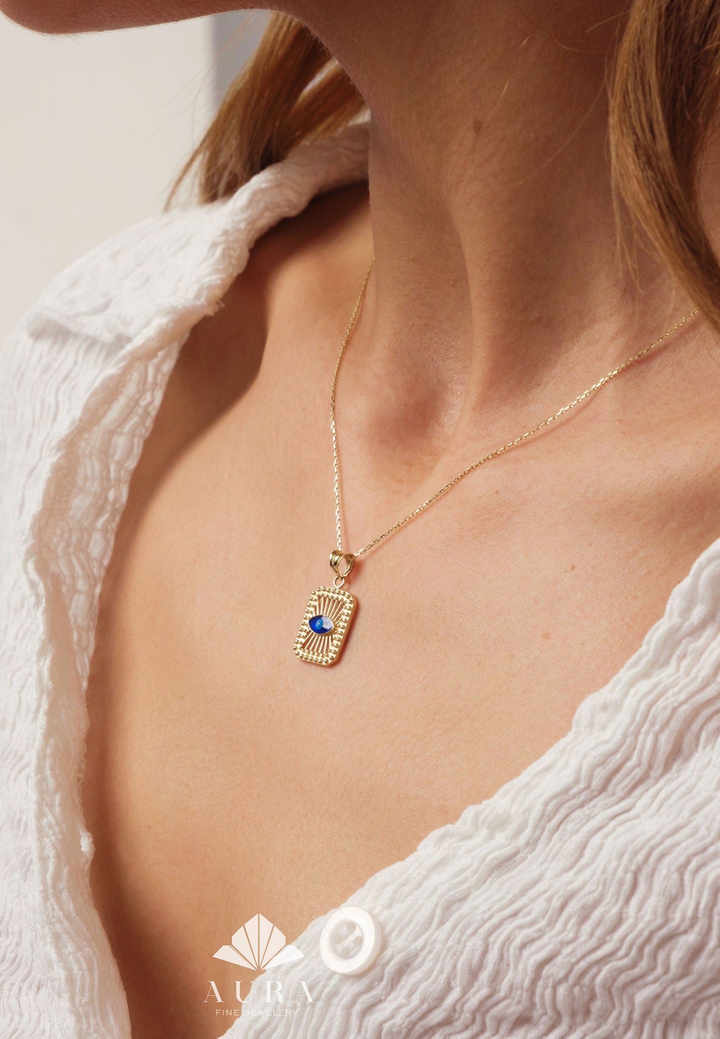 14K Gold Evil Eye Necklace, Medallion Third Eye Pendant, Protection Charm, Gold Hamsa Pendant Women, Square Minimalist Evil Eye Pendant