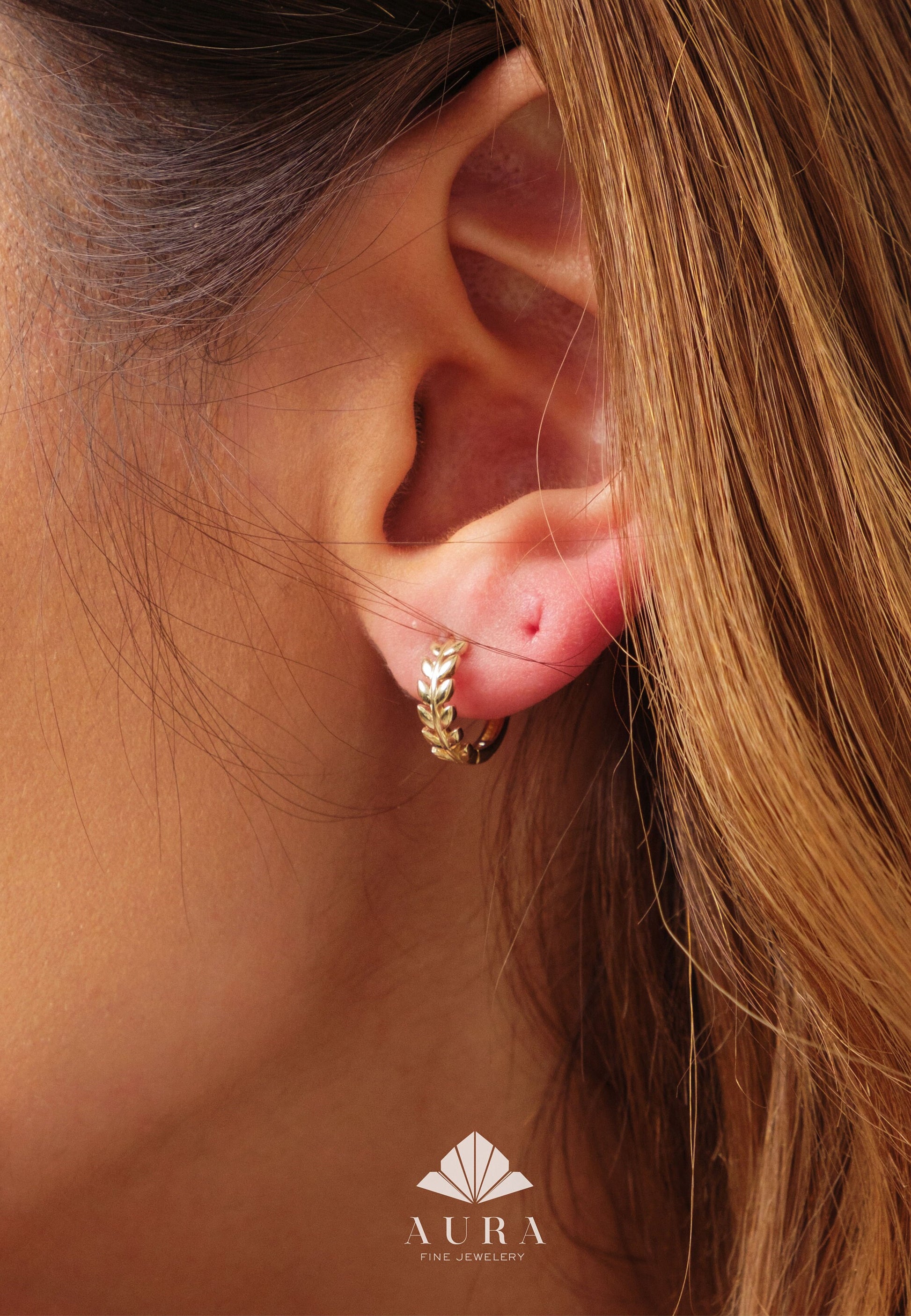 14K Gold Leaf Hoop Huggie, 12mm Hoop Earrings, Small Laurel Hoops, Women Children Earrings, Olive Oil Leaf Handmade Earrings, Gift For Her