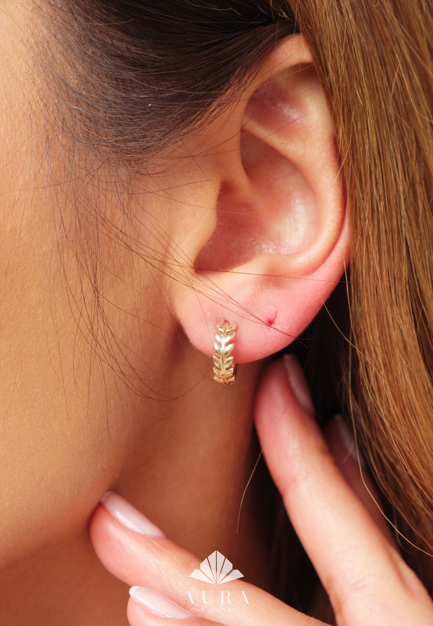 14K Gold Leaf Hoop Huggie, 12mm Hoop Earrings, Small Laurel Hoops, Women Children Earrings, Olive Oil Leaf Handmade Earrings, Gift For Her