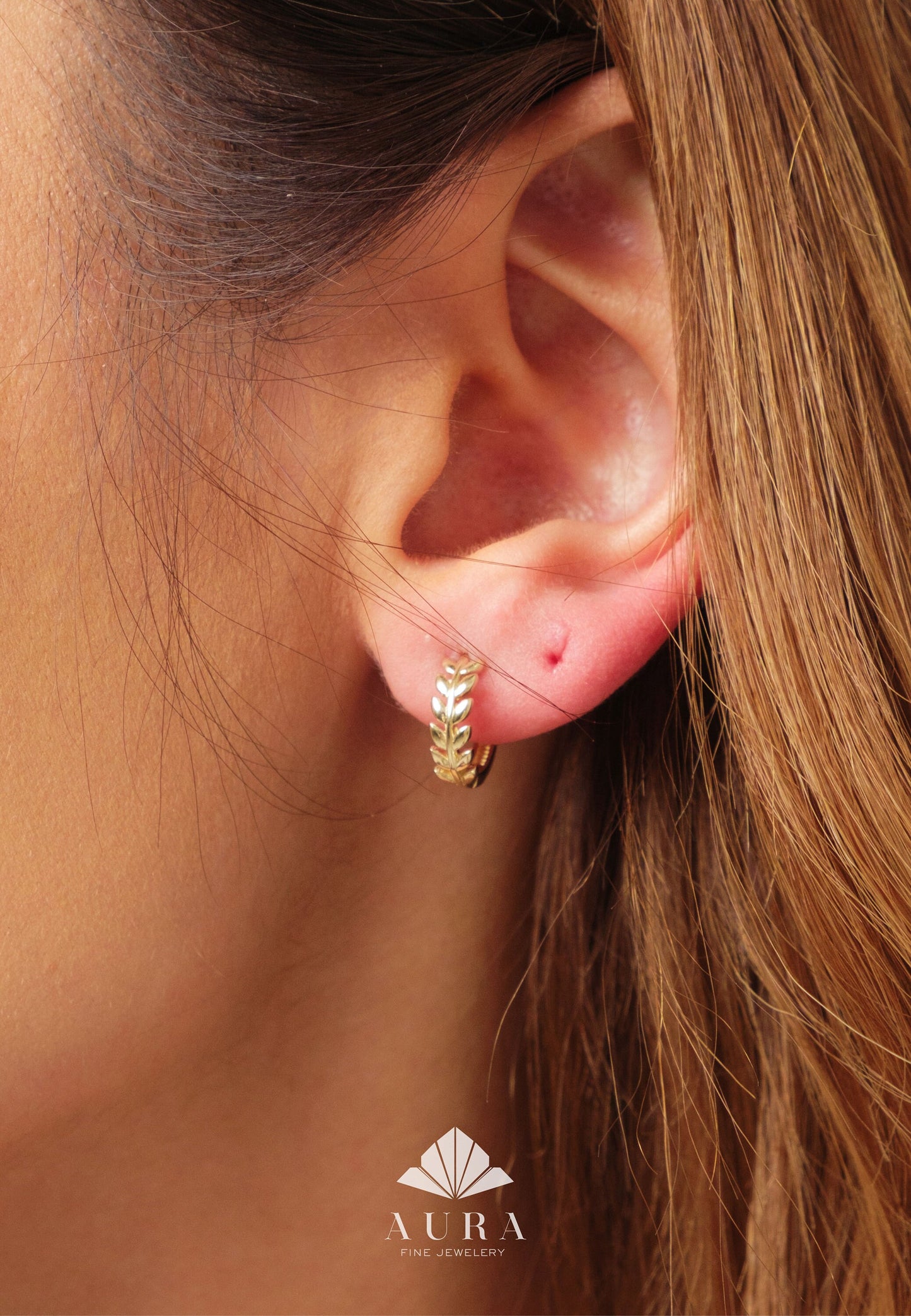 14K Gold Leaf Hoop Huggie, 12mm Hoop Earrings, Small Laurel Hoops, Women Children Earrings, Olive Oil Leaf Handmade Earrings, Gift For Her