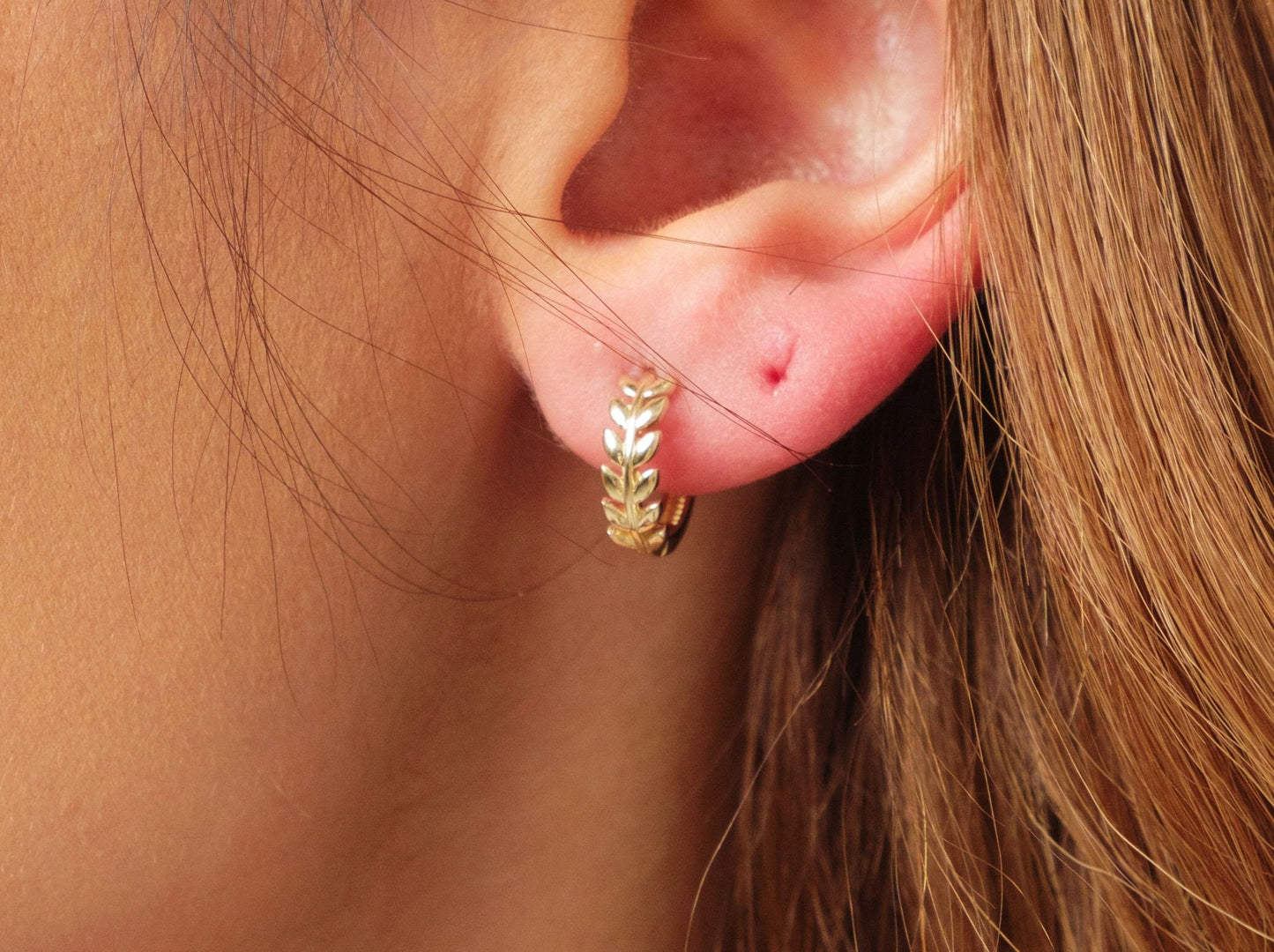 14K Gold Leaf Hoop Huggie, 12mm Hoop Earrings, Small Laurel Hoops, Women Children Earrings, Olive Oil Leaf Handmade Earrings, Gift For Her