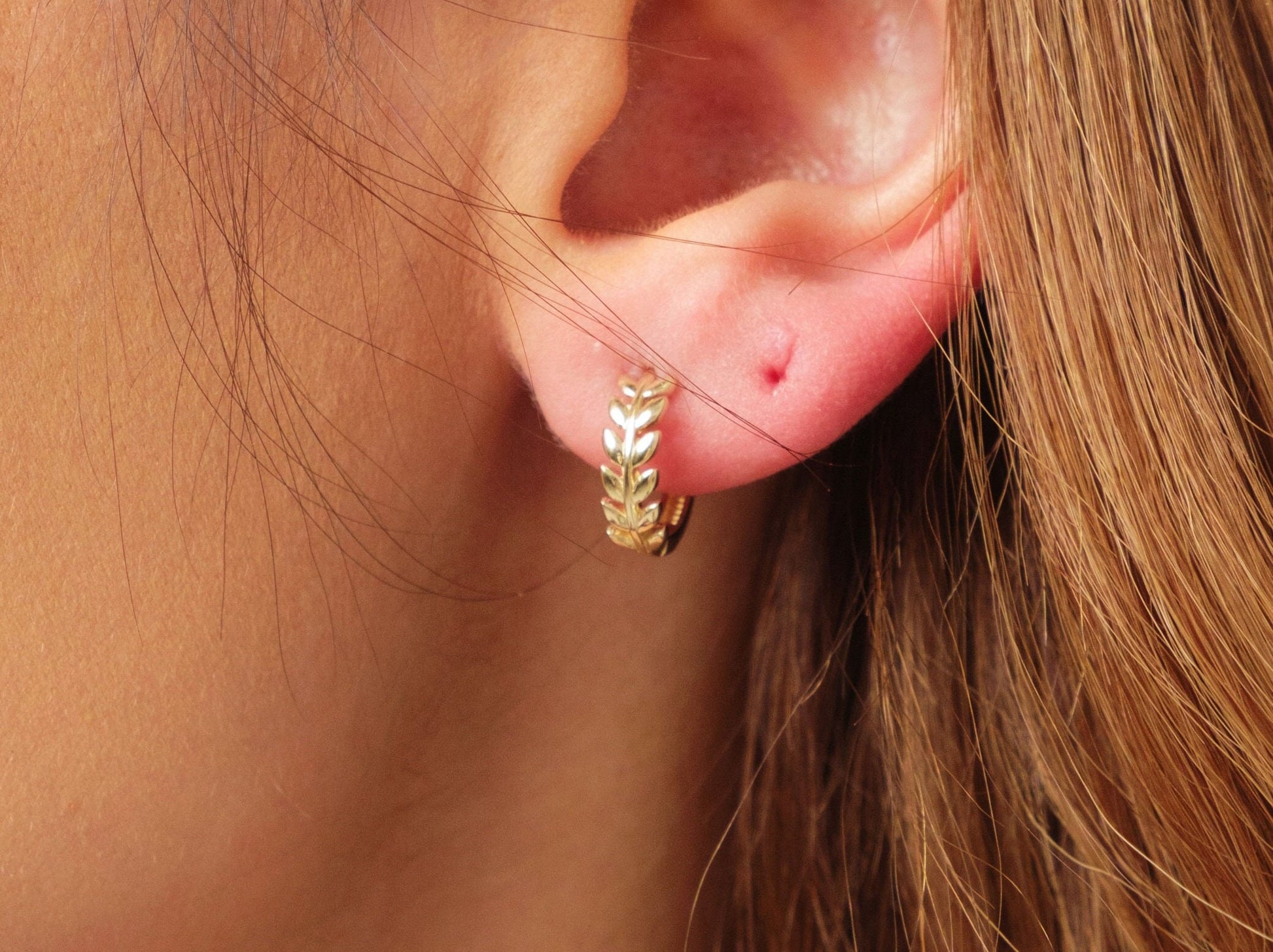 14K Gold Leaf Hoop Huggie, 12mm Hoop Earrings, Small Laurel Hoops, Women Children Earrings, Olive Oil Leaf Handmade Earrings, Gift For Her