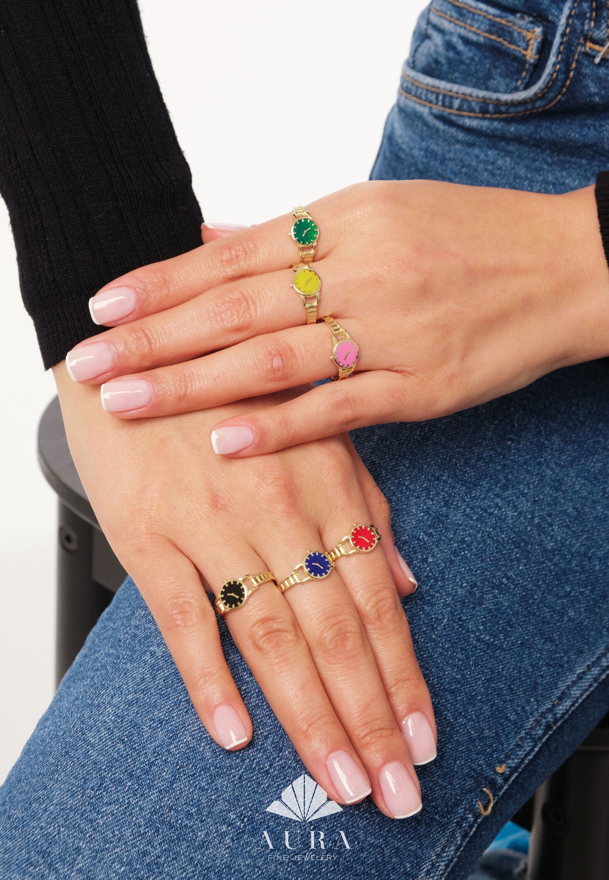 14K Gold Clock Ring, Gold Watch Ring, Time Piece Ring, Colorful Watch Rings, Minimalist Unique Ring, Stackable Band Ring, Best Friend Gift