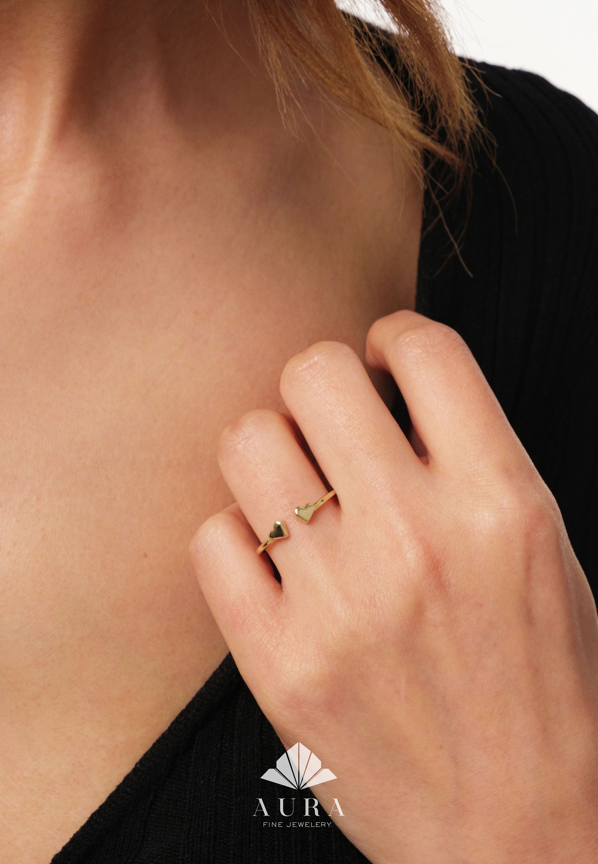 14K Gold Heart Ring, Double Heart Ring, Dainty Heart Knuckle Ring, Gold Open Heart Band, Thin Heart Ring, Minimal Love Ring, Gift for Her