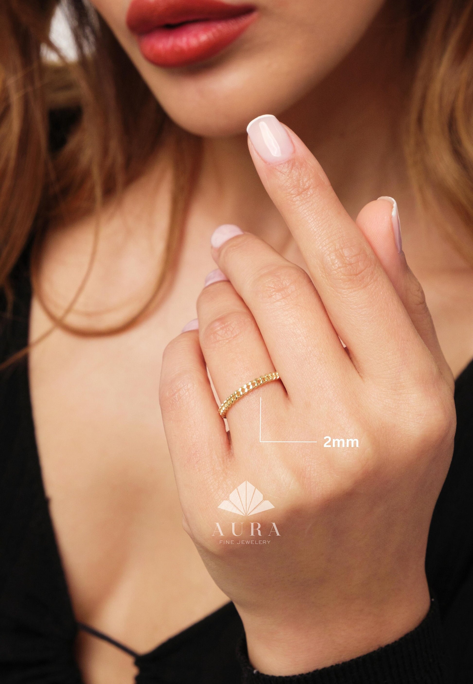 14K Gold Cuban Chain Ring, Curb Link Chain Gold Band, 2MM Cuban Ring, Bold Chain Ring, Solid Gold Stacking Ring, Curb Chain Wedding Band