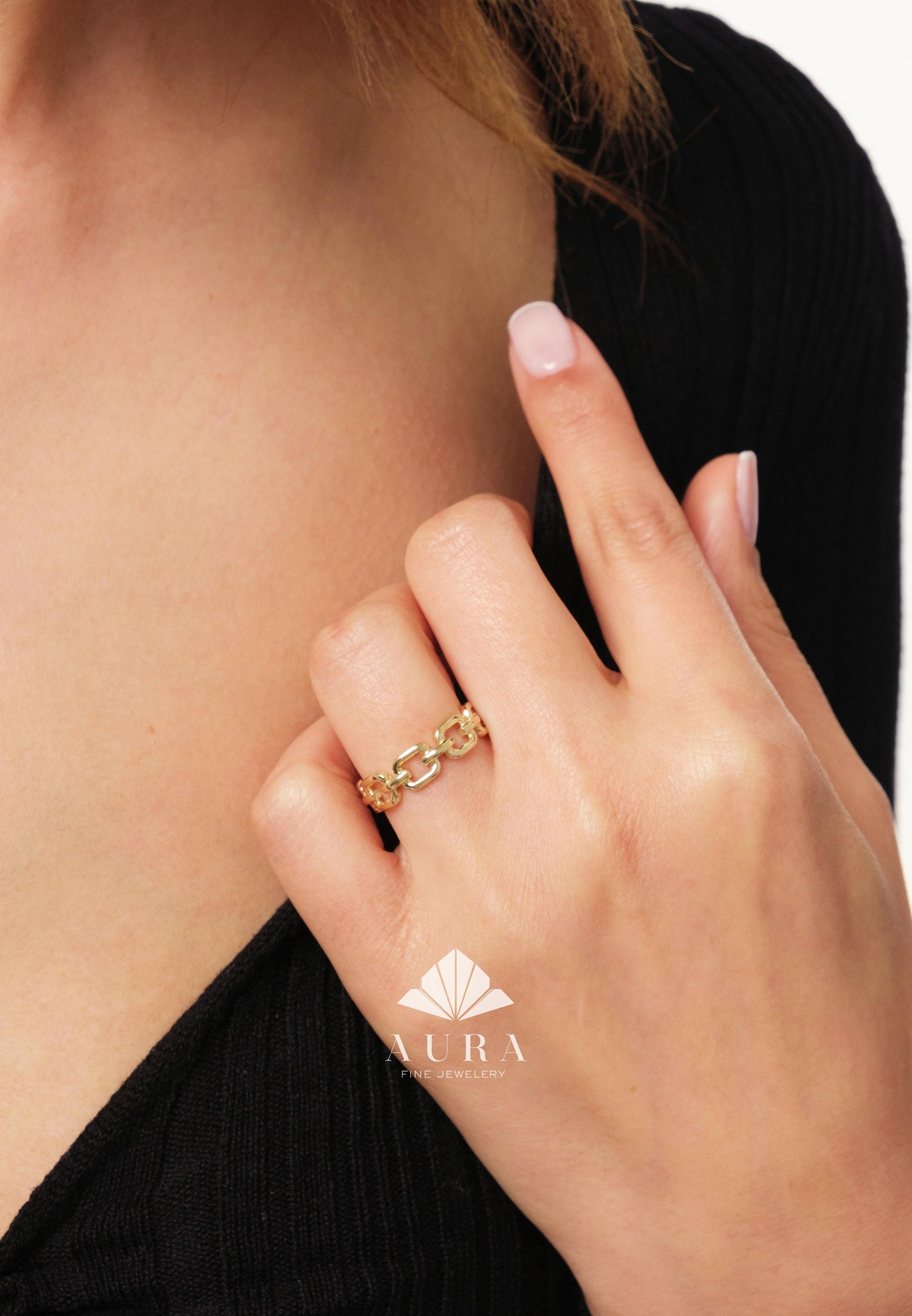 14K Gold Chain Ring, Rectangle Chain Band, 5mm Curb Link Ring, Gold Link Ring for Women, Stackable Ring, Wedding Chain Ring, Pointer Finger
