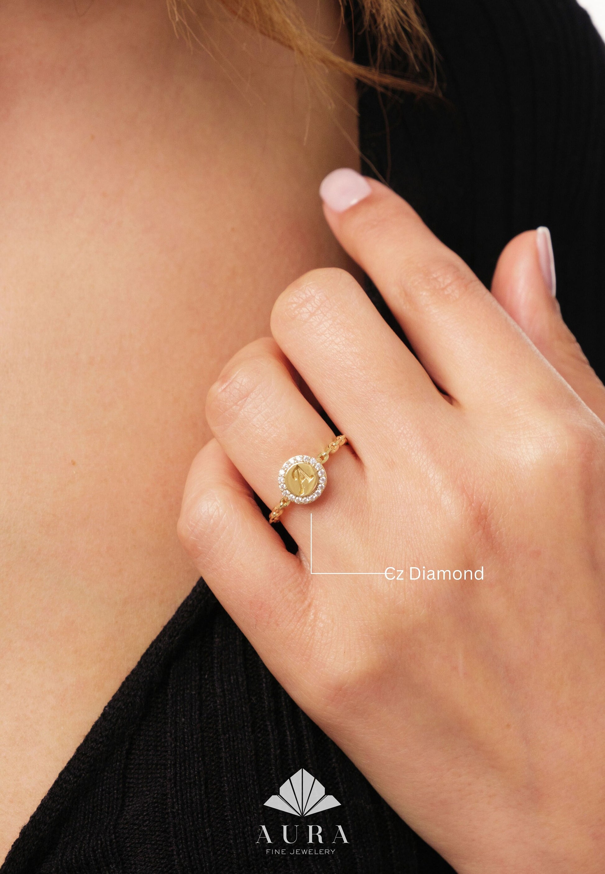 14K Gold Initial Ring, Cz Diamond Cursive Initial Ring, Personalized Diamond Ring, Dainty Letter Ring, Custom Initial Ring, Mothers Day Sale