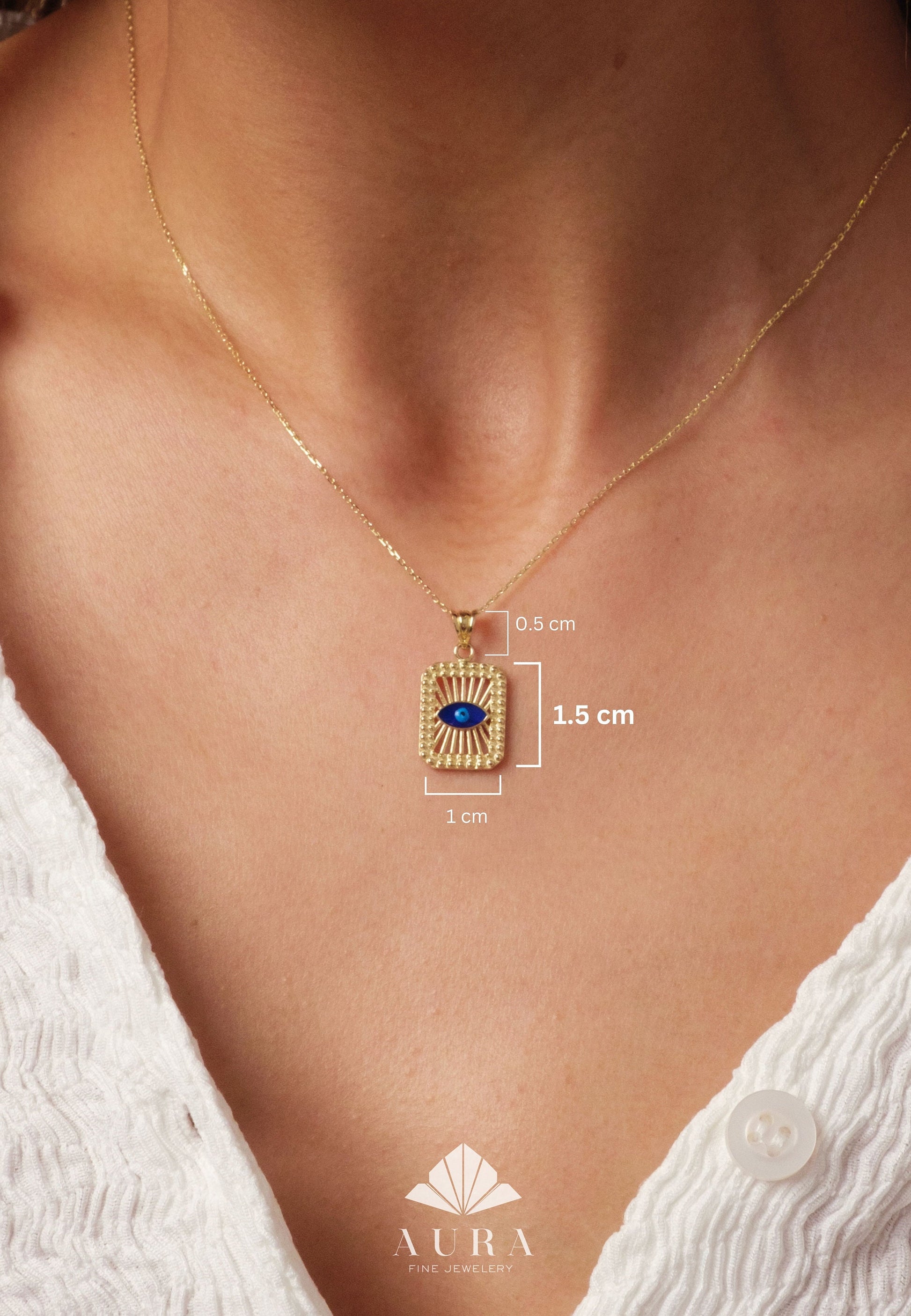 14K Gold Evil Eye Necklace, Medallion Third Eye Pendant, Protection Charm, Gold Hamsa Pendant Women, Square Minimalist Evil Eye Pendant