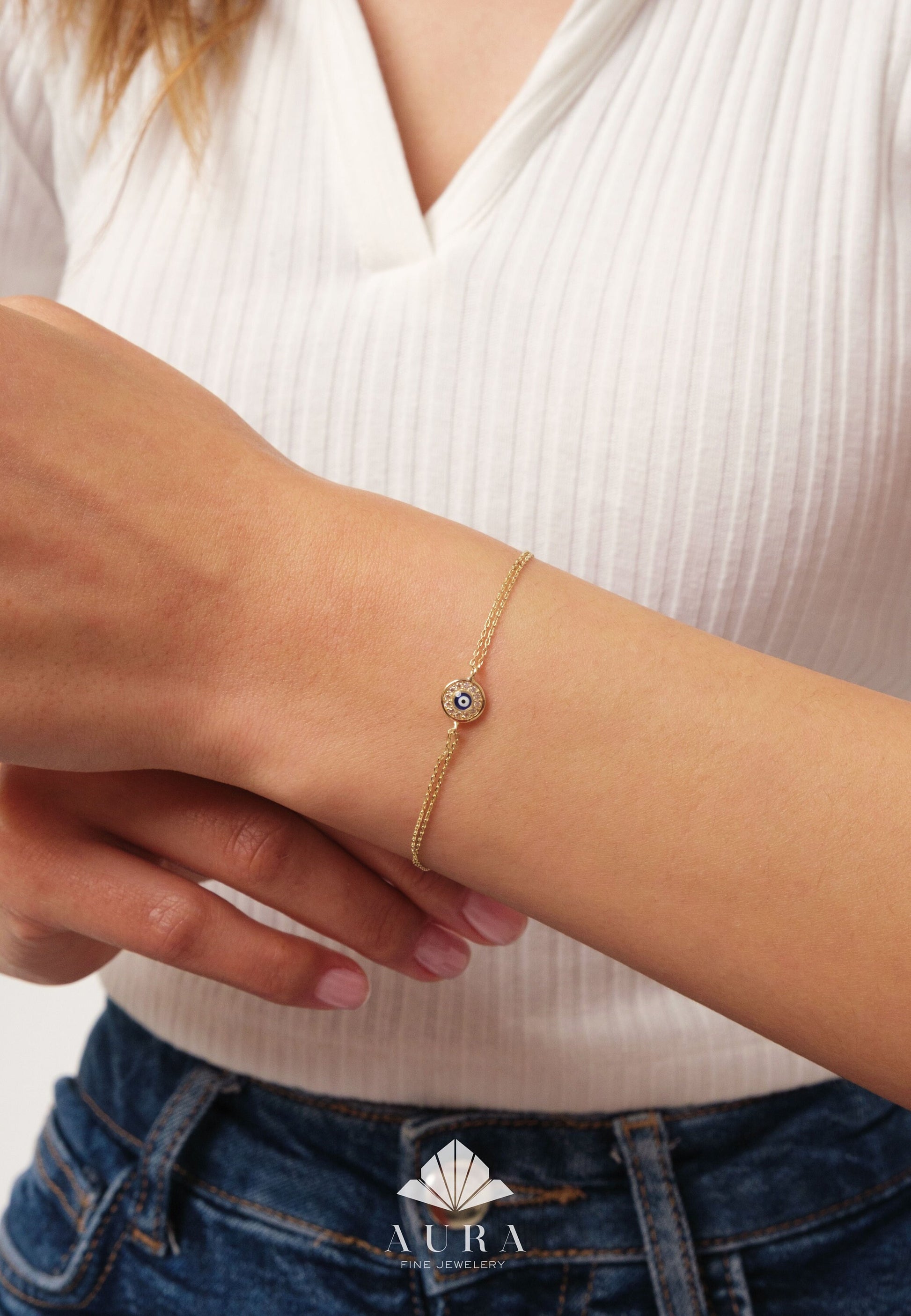 14K Gold Evil Eye Bracelet, Cz Diamond Evil Eye Charm Bracelet, Dainty Evil Eye Bracelet, Minimalist Protection Jewelry, Handmade Evil Eye