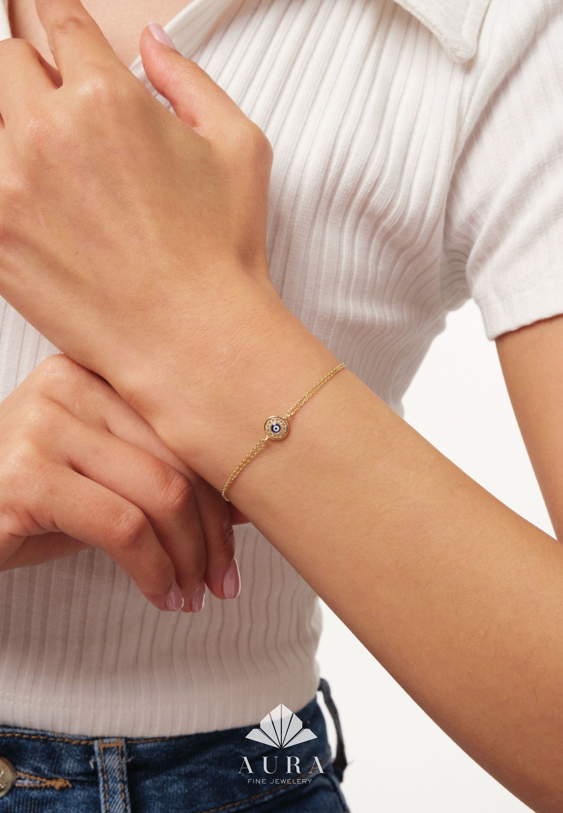 14K Gold Evil Eye Bracelet, Cz Diamond Evil Eye Charm Bracelet, Dainty Evil Eye Bracelet, Minimalist Protection Jewelry, Handmade Evil Eye