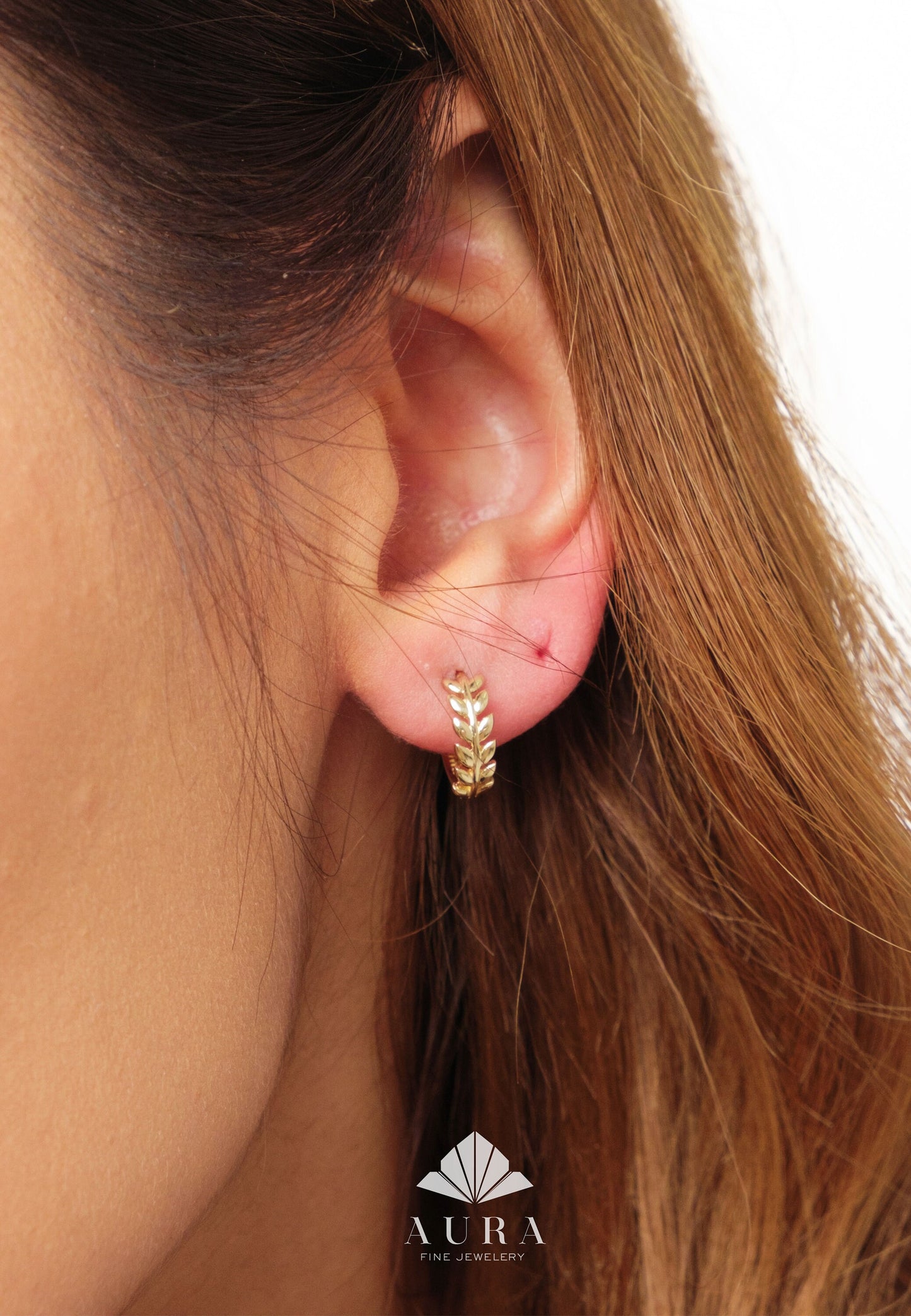 14K Gold Leaf Hoop Huggie, 12mm Hoop Earrings, Small Laurel Hoops, Women Children Earrings, Olive Oil Leaf Handmade Earrings, Gift For Her