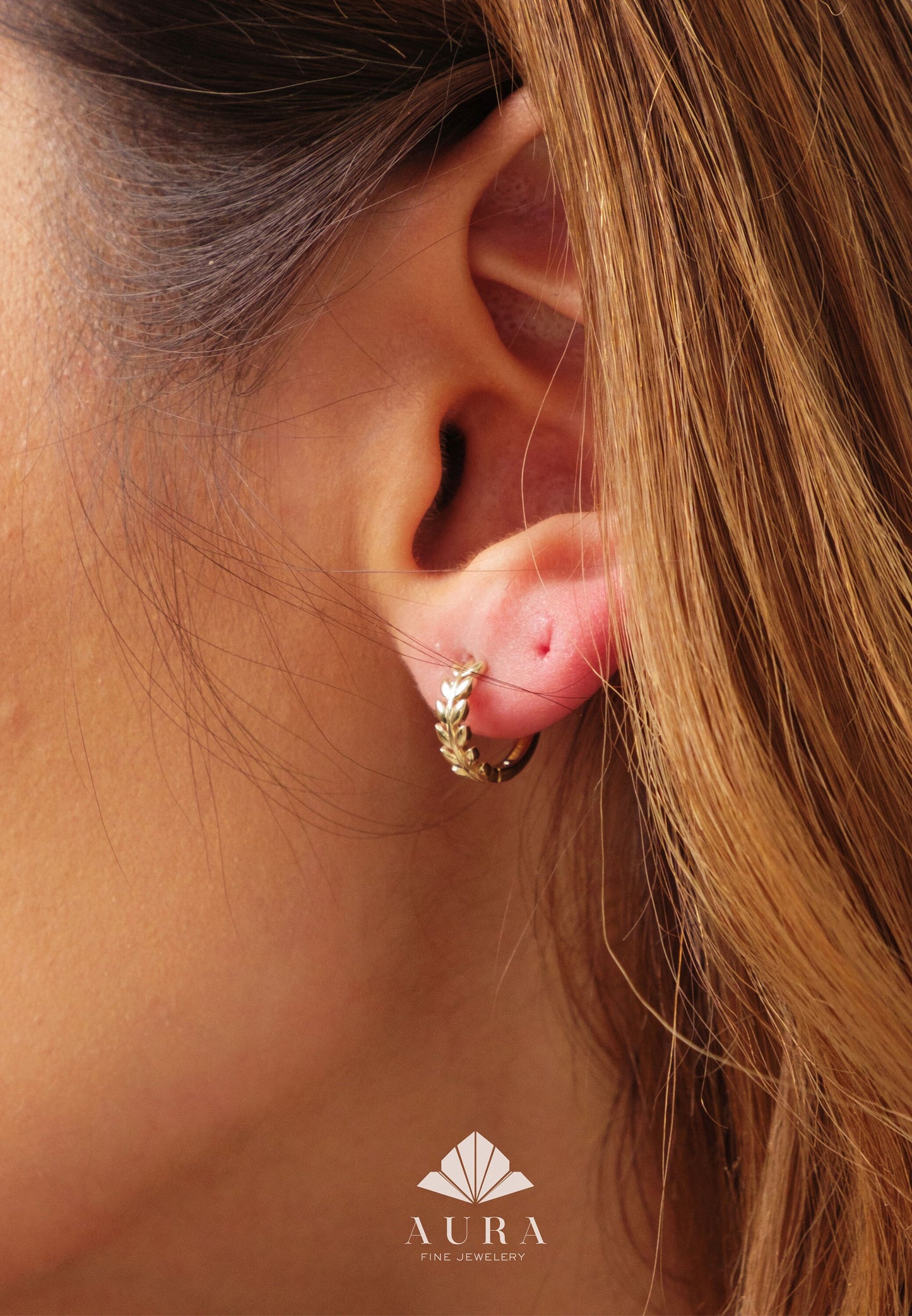 14K Gold Leaf Hoop Huggie, 12mm Hoop Earrings, Small Laurel Hoops, Women Children Earrings, Olive Oil Leaf Handmade Earrings, Gift For Her