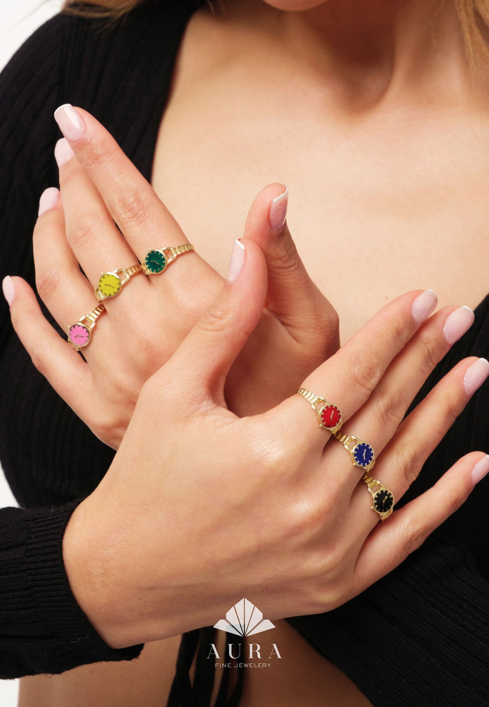 14K Gold Clock Ring, Gold Watch Ring, Time Piece Ring, Colorful Watch Rings, Minimalist Unique Ring, Stackable Band Ring, Best Friend Gift