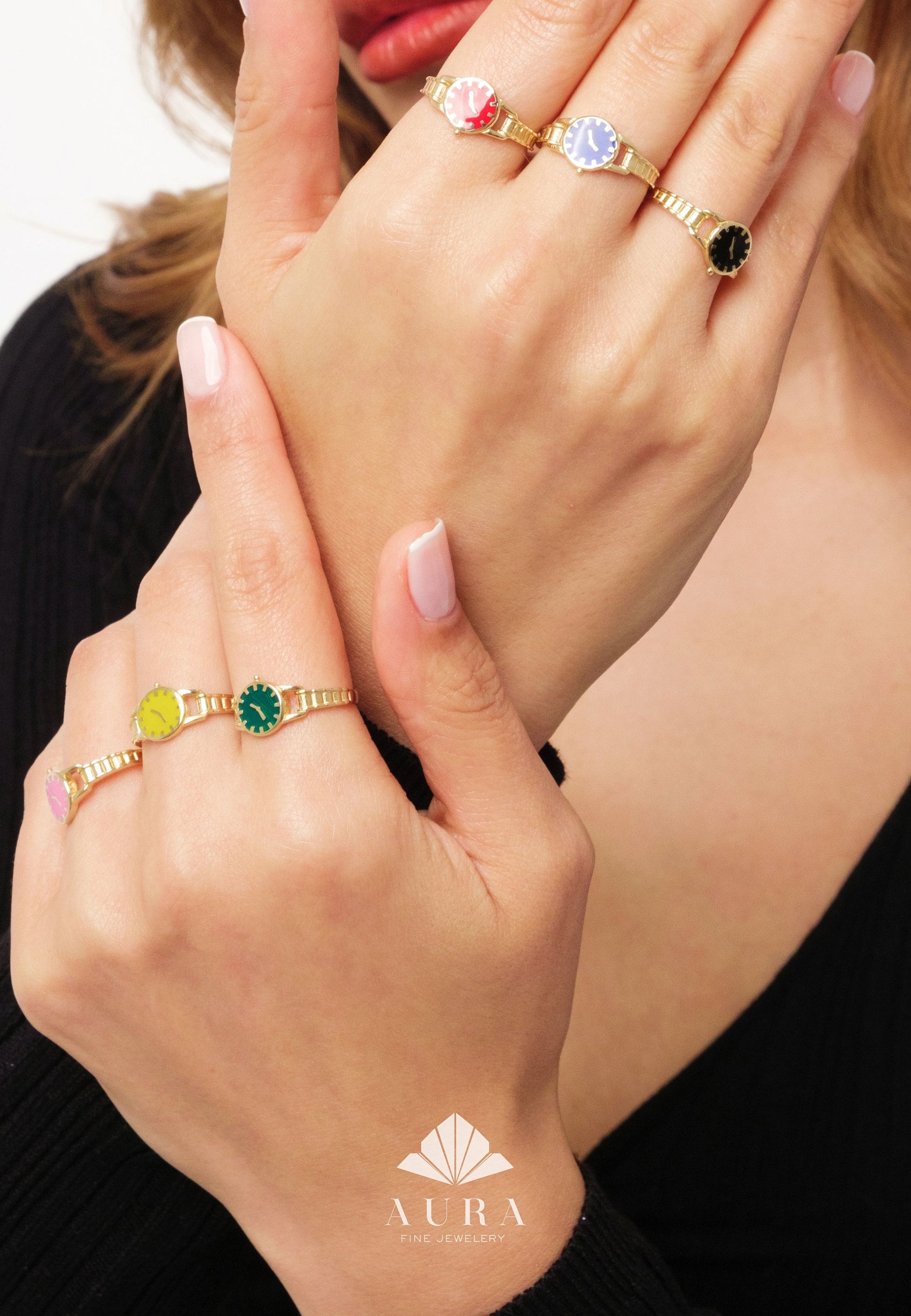 14K Gold Clock Ring, Gold Watch Ring, Time Piece Ring, Colorful Watch Rings, Minimalist Unique Ring, Stackable Band Ring, Best Friend Gift