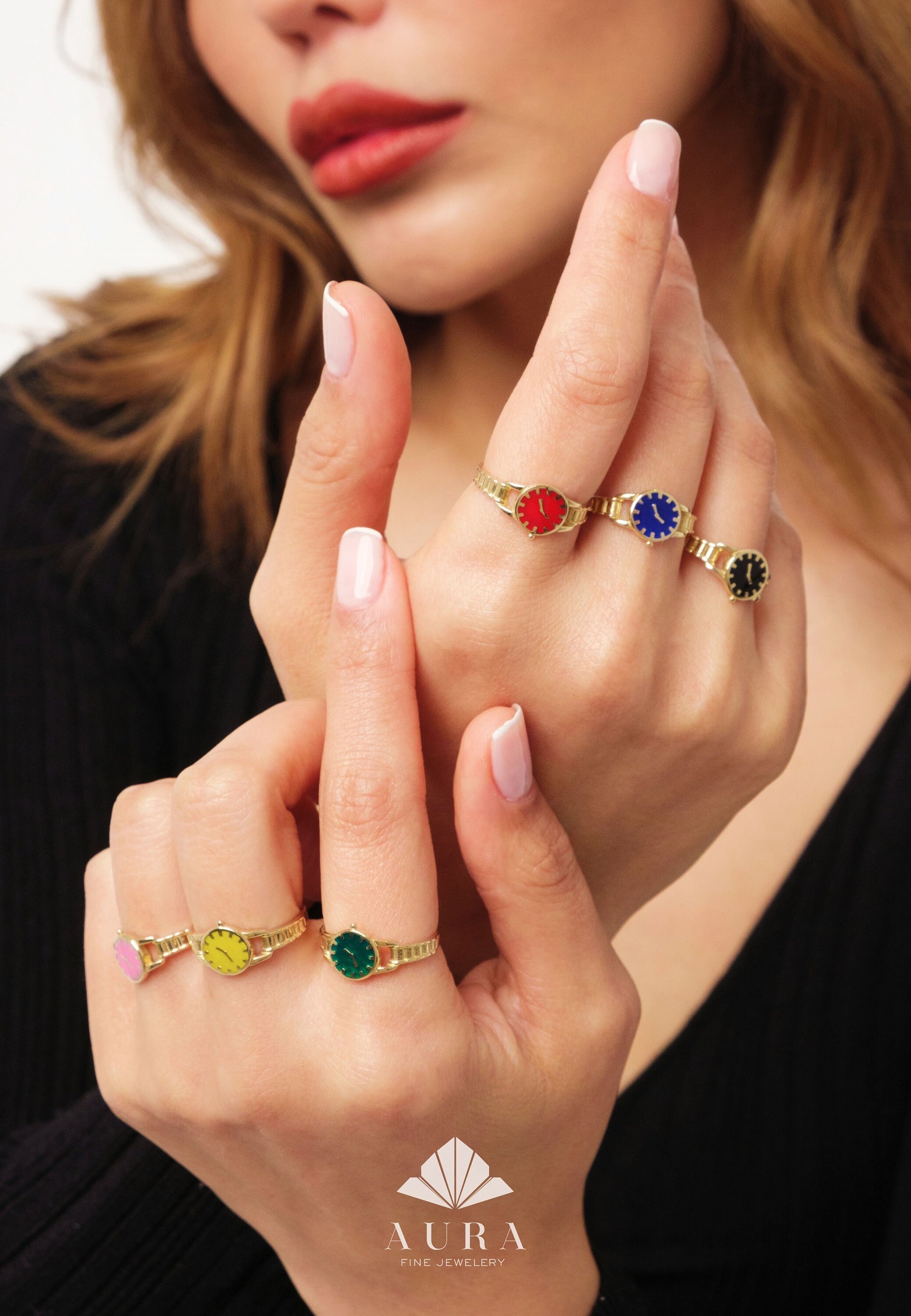 14K Gold Clock Ring, Gold Watch Ring, Time Piece Ring, Colorful Watch Rings, Minimalist Unique Ring, Stackable Band Ring, Best Friend Gift