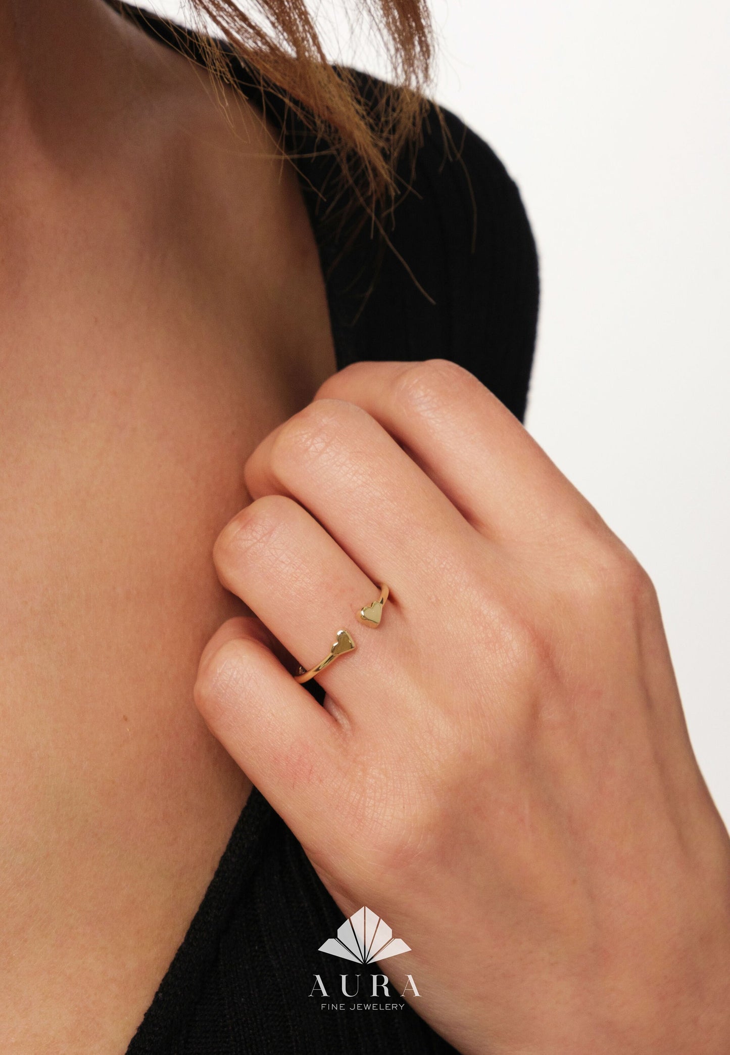 14K Gold Heart Ring, Double Heart Ring, Dainty Heart Knuckle Ring, Gold Open Heart Band, Thin Heart Ring, Minimal Love Ring, Gift for Her