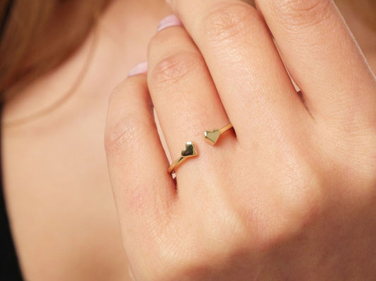 14K Gold Heart Ring, Double Heart Ring, Dainty Heart Knuckle Ring, Gold Open Heart Band, Thin Heart Ring, Minimal Love Ring, Gift for Her