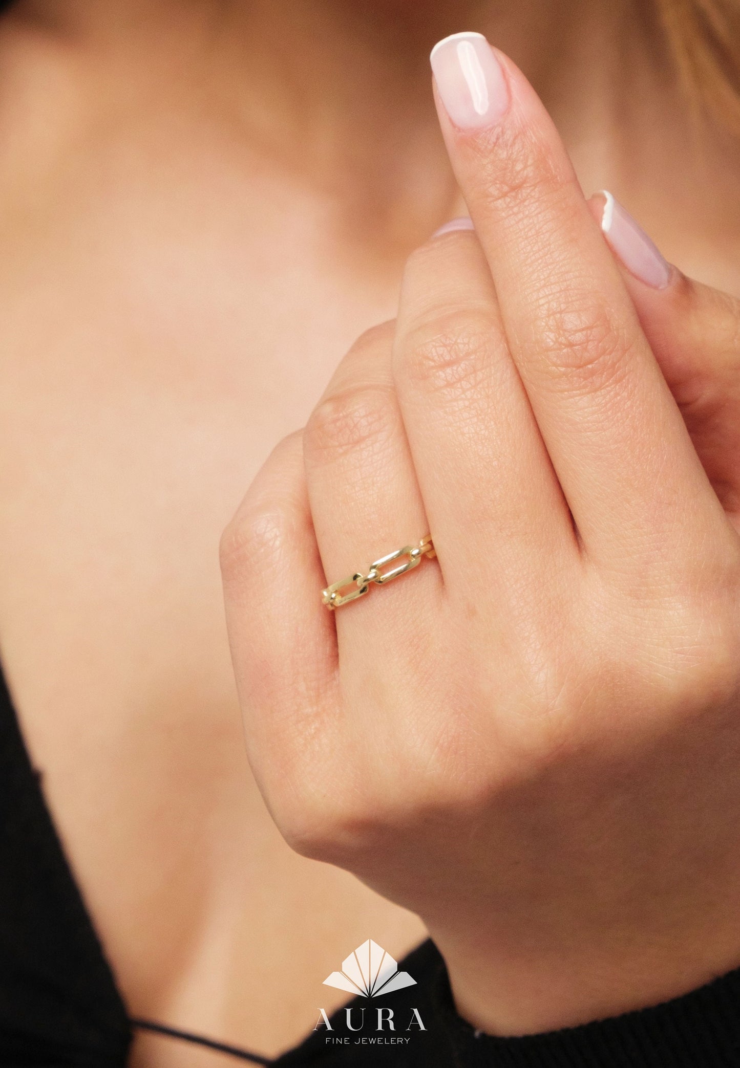 14K Gold Paperclip Chain Ring, Dainty Gold Chain Band, Rectangle Chain Ring, Pointer Finger Ring, Simple Stacking Ring, Open Link Chain Ring