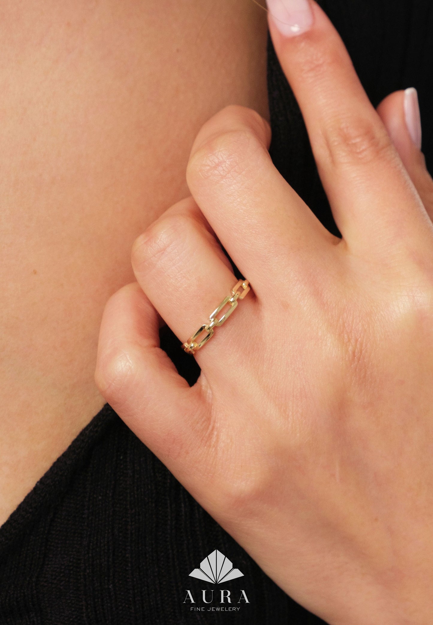 14K Gold Paperclip Chain Ring, Dainty Gold Chain Band, Rectangle Chain Ring, Pointer Finger Ring, Simple Stacking Ring, Open Link Chain Ring