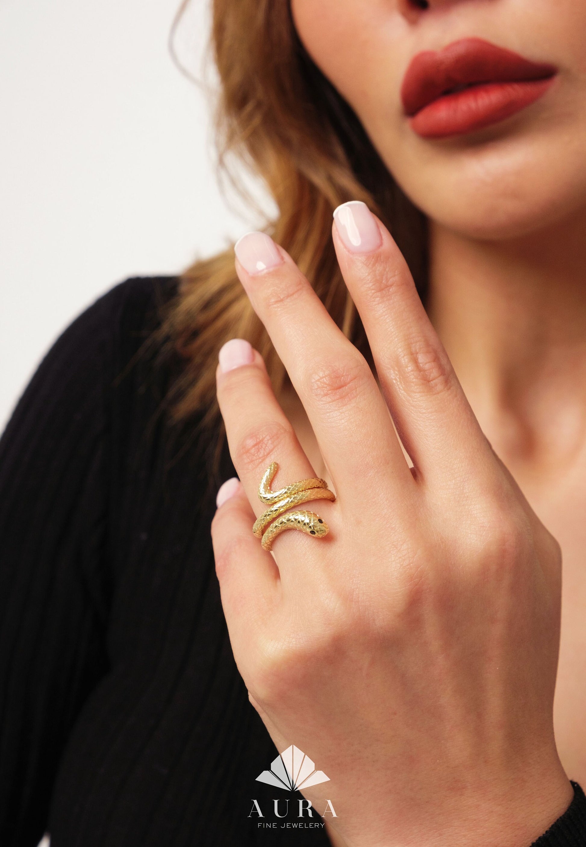 14k Gold Snake Ring, Snake Ring with Emerald Eyes, Statement Ring, Animal Ring, Dainty Serpent Ring, Wrap Around Snake Ring, Gift For Her